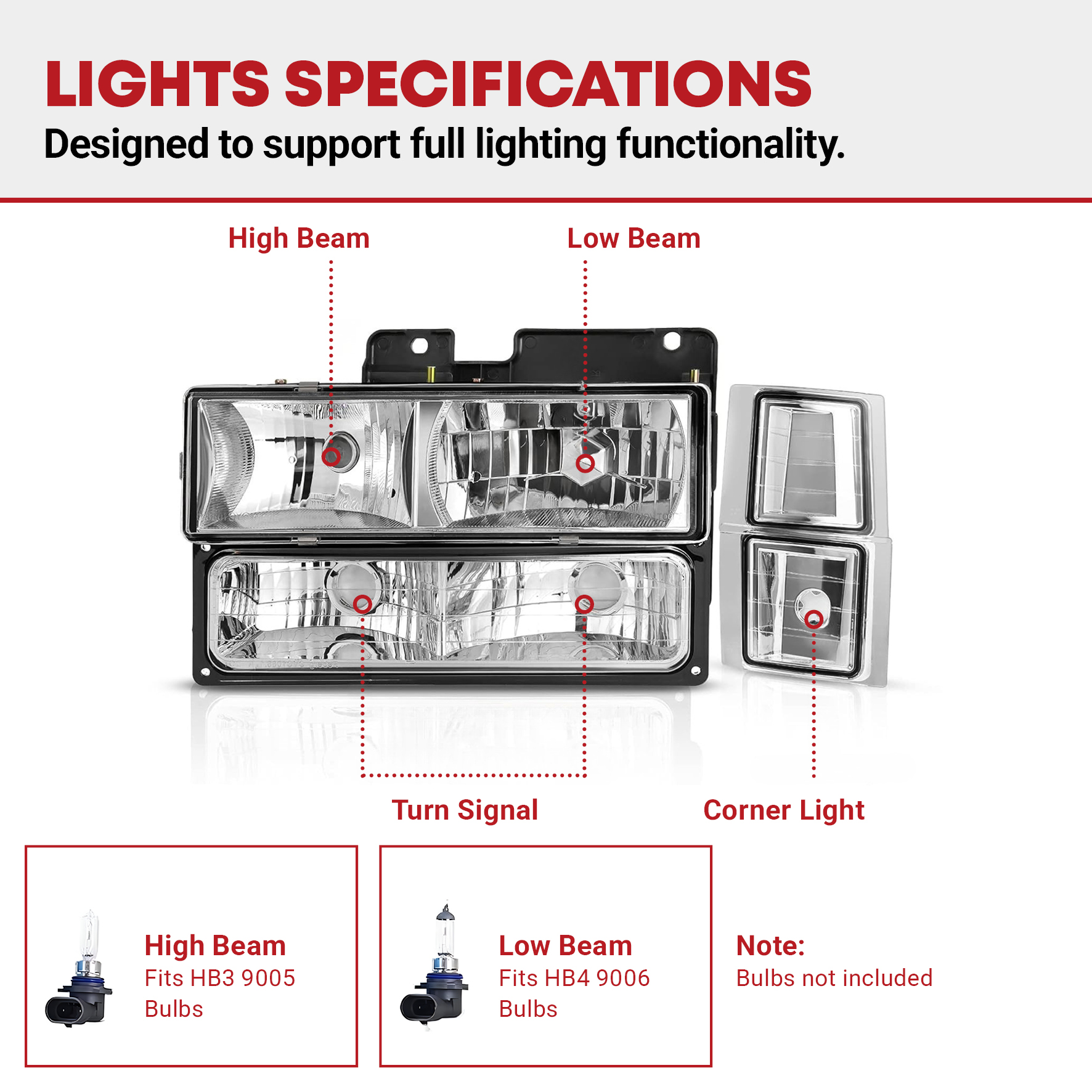 Side view of YITAMOTOR® 1994-1999 Chevy C/K Pickup + Corner Lights+ Side Lights Chrome Housing Headlights