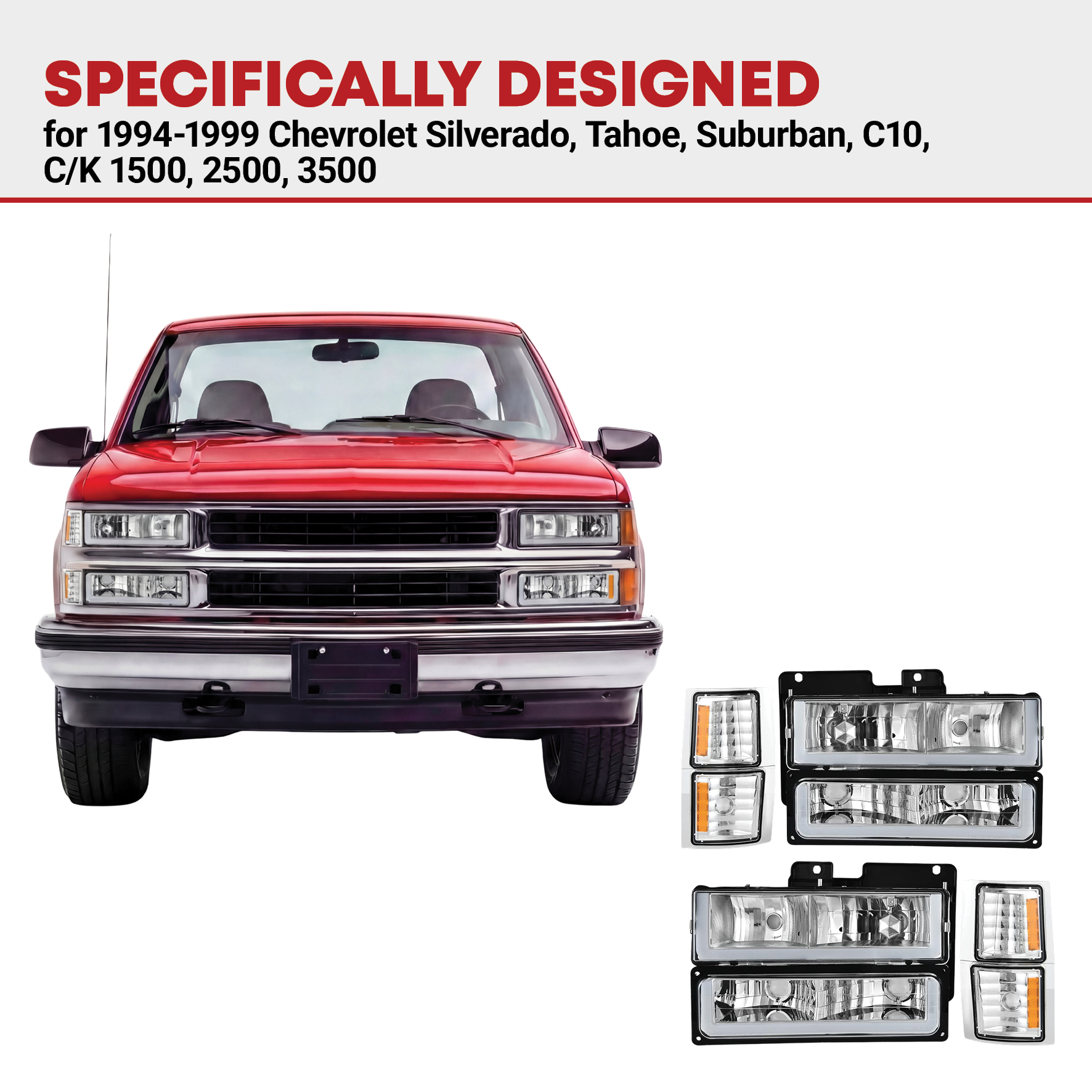 Side view of YITAMOTOR® 1994-1999 Chevy C/K 1500 2500 3500 LED DRL Headlights Assembly with Corner Light Chrome Housing