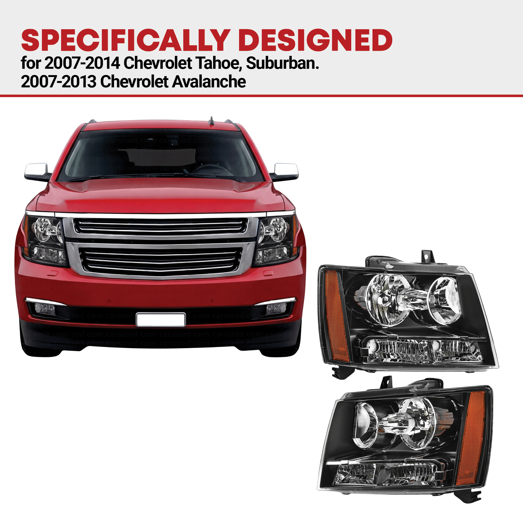 Side view of YITAMOTOR® Headlights Assembly Compatible with 2007-2014 Chevy Tahoe Chevrolet Suburban /2007-2013 Chevy Avalanche OE Halogen Model Replacement Headla