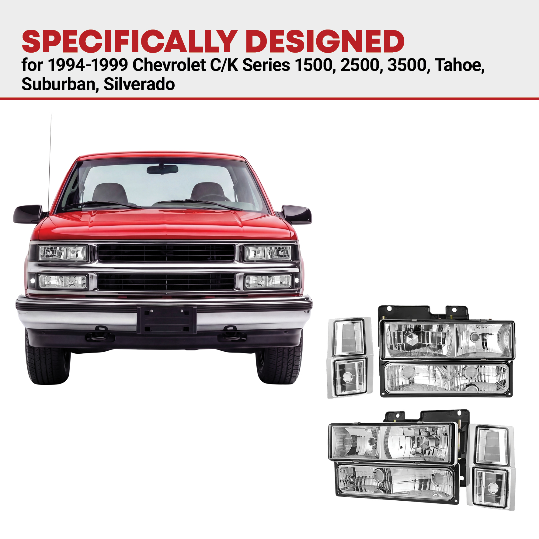 Side view of YITAMOTOR® 1994-1999 Chevy C/K Pickup + Corner Lights+ Side Lights Chrome Housing Headlights