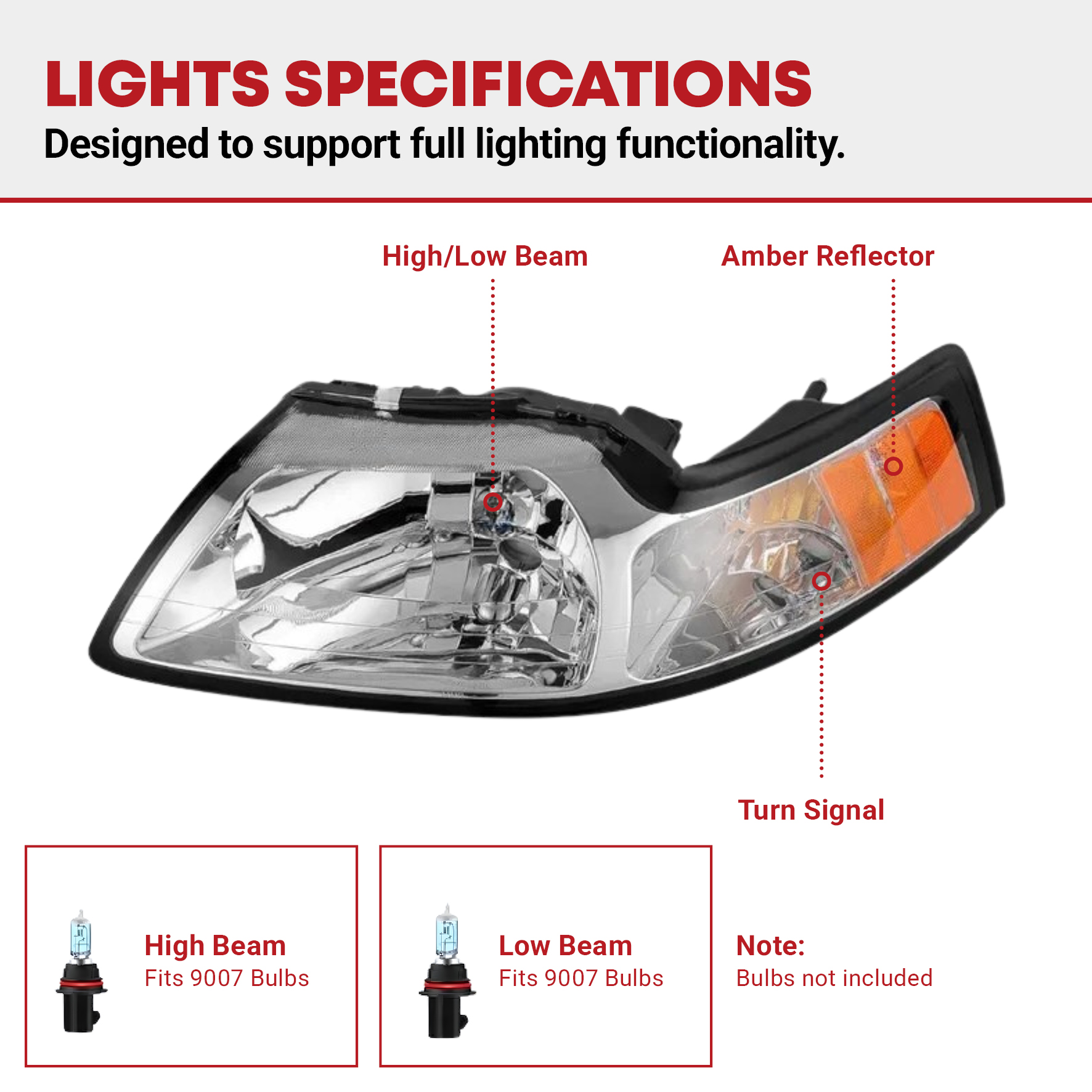 Side view of YITAMOTOR® Headlight Assembly Compatible with 1999-2004 Ford Mustang, Headlamp with Amber Reflector Chrome Housing - Driver and Passenger Side