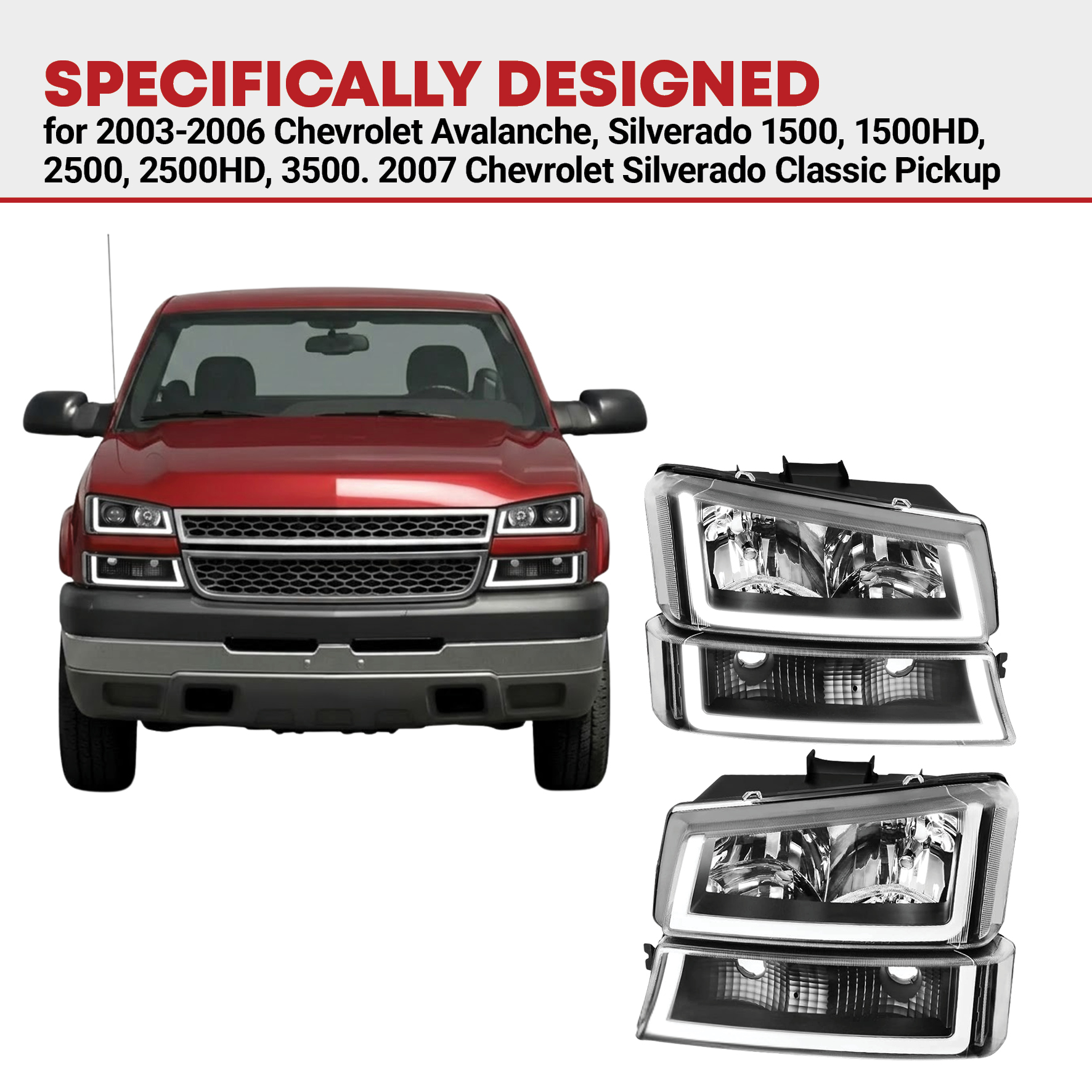 Side view of YITAMOTOR® Headlights Assembly Compatible with 2003-2007 Chevy Silverado Avalanche 1500 2500 3500 (Black Housing Amber Reflector)