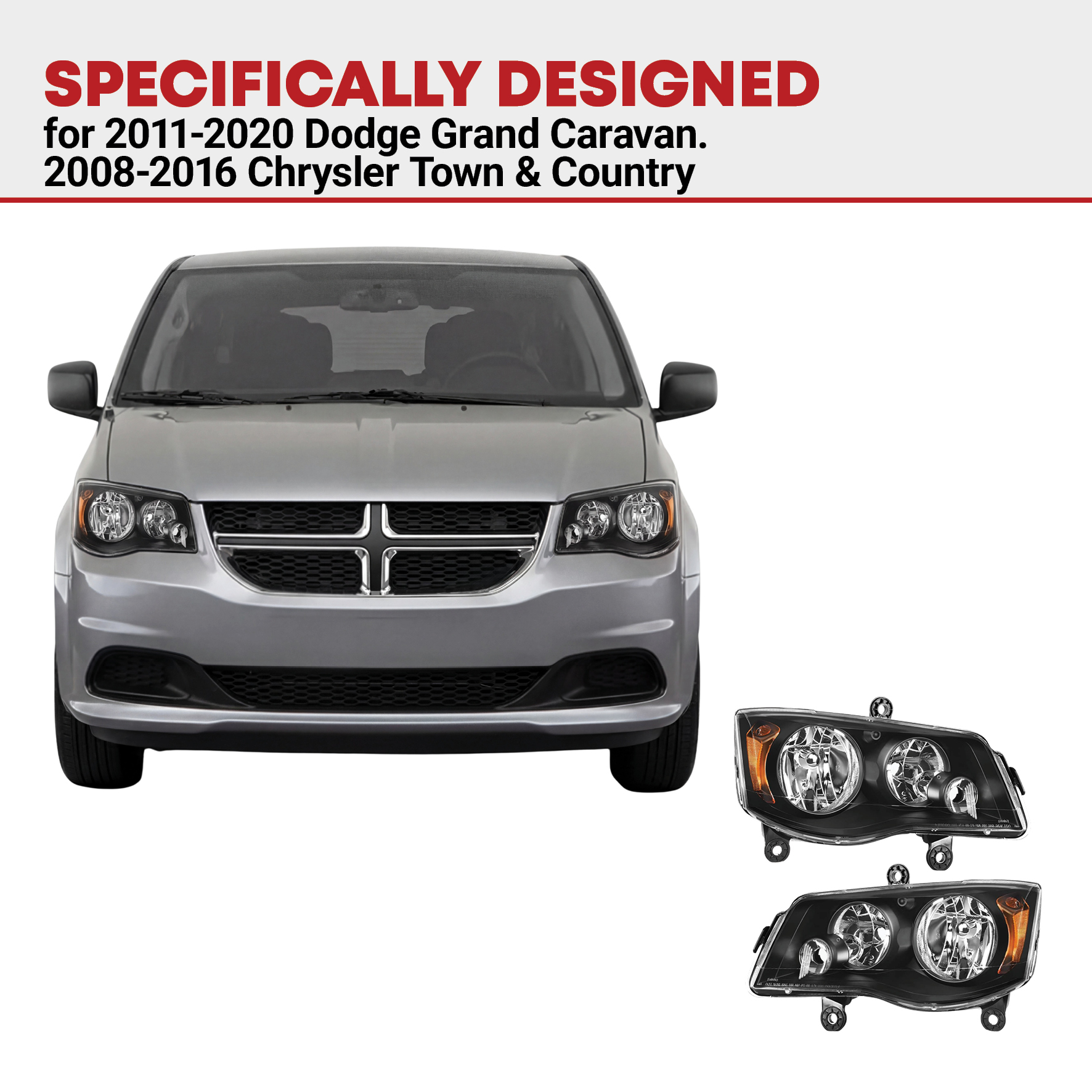 Side view of YITAMOTOR® Headlights Assembly Compatible with 2011-2019 Dodge Grand Caravan 2008-2016 Chrysler Town & Country Black Housing Amber Reflector