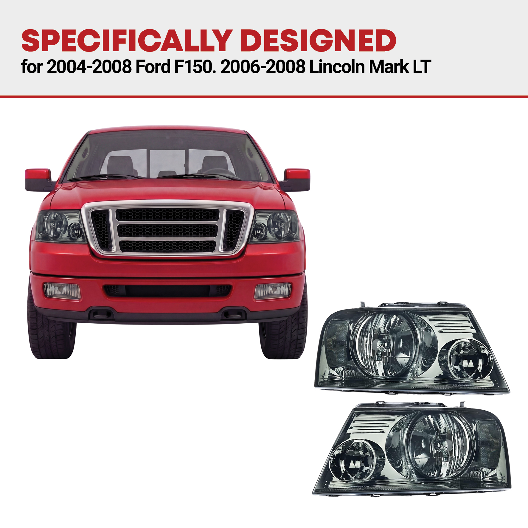 Side view of YITAMOTOR® 2004-2008 Ford F-150 OE Headlights Assembly Headlamp Chrome Housing Smoke Lens