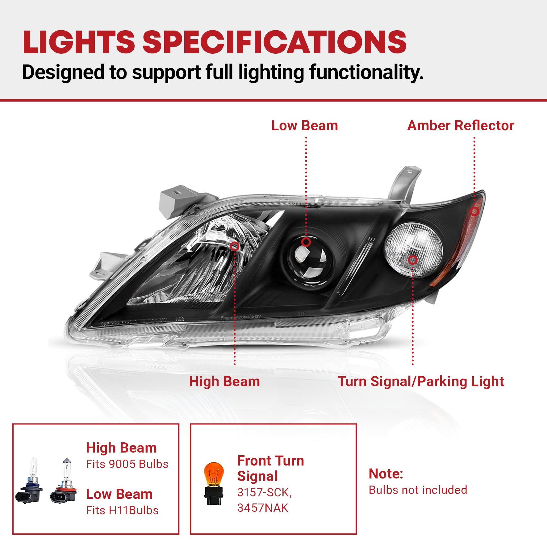 Side view of YITAMOTOR® 2007-2009 Toyota Camry Headlight Assembly Black Housing Amber Reflector Headlamps