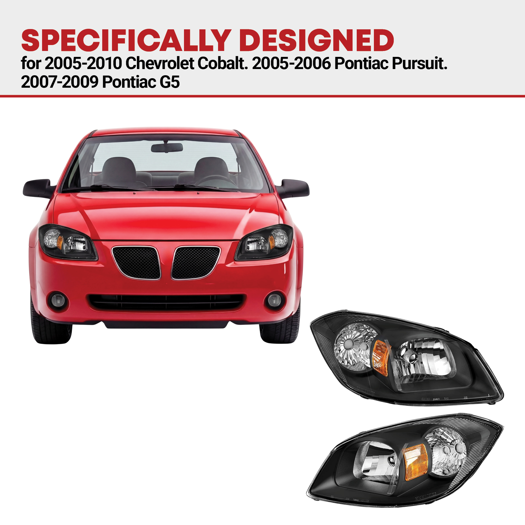 Side view of YITAMOTOR® 2005-2010 Chevy Cobalt / 2005-2006 Pontiac Pursuit Headlights Assembly Black Housing Amber Reflector Clear Lens