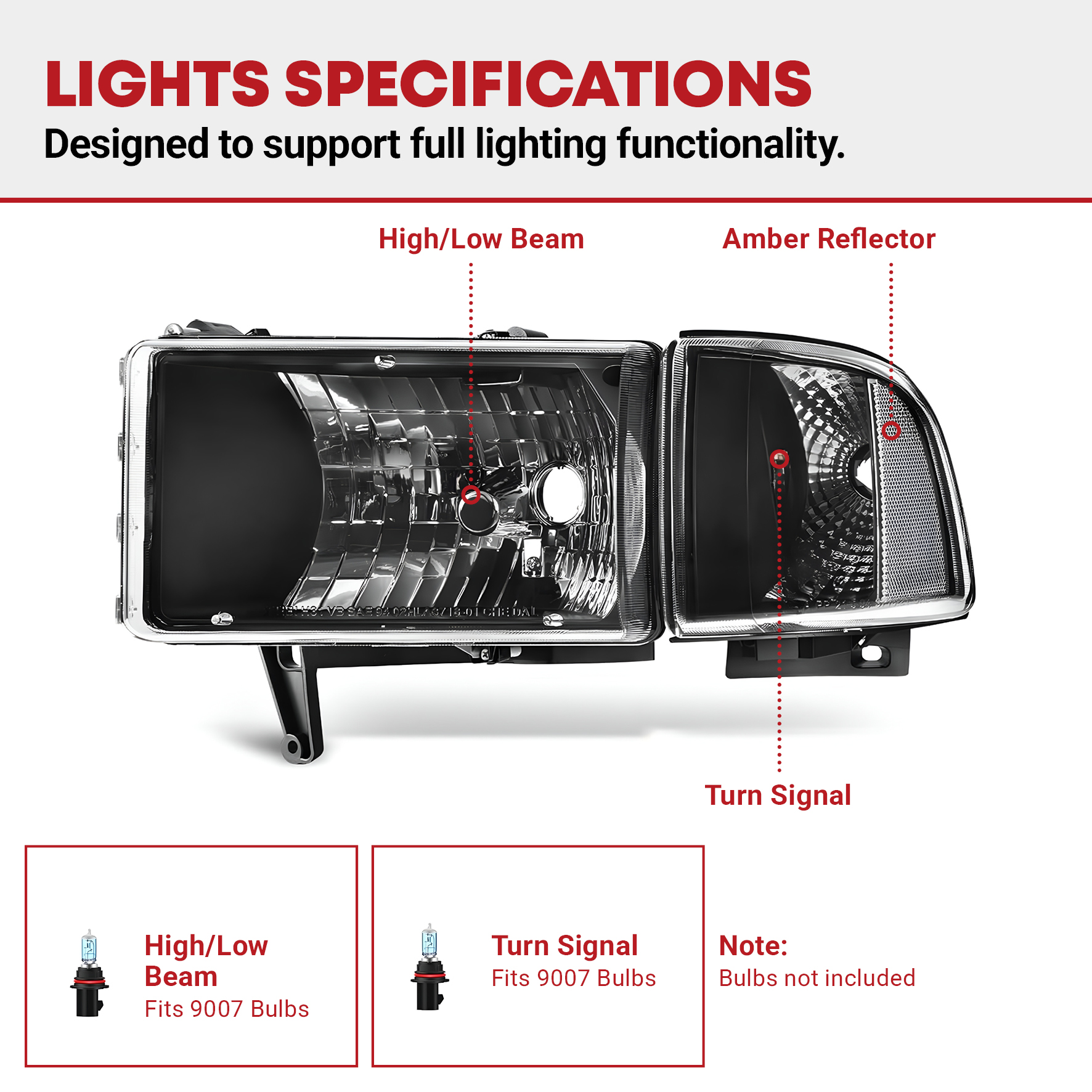Side view of YITAMOTOR® Replacement Headlights For 1994-2002 Dodge Ram 1500 2500 3500 Black Headlamp Set