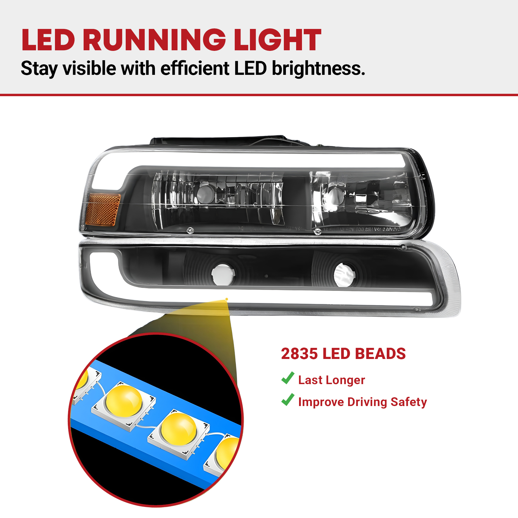 Side view of YITAMOTOR® 1999-2002 Chevy Silverado LED DRL Headlights Bumper Lamps Black Housing