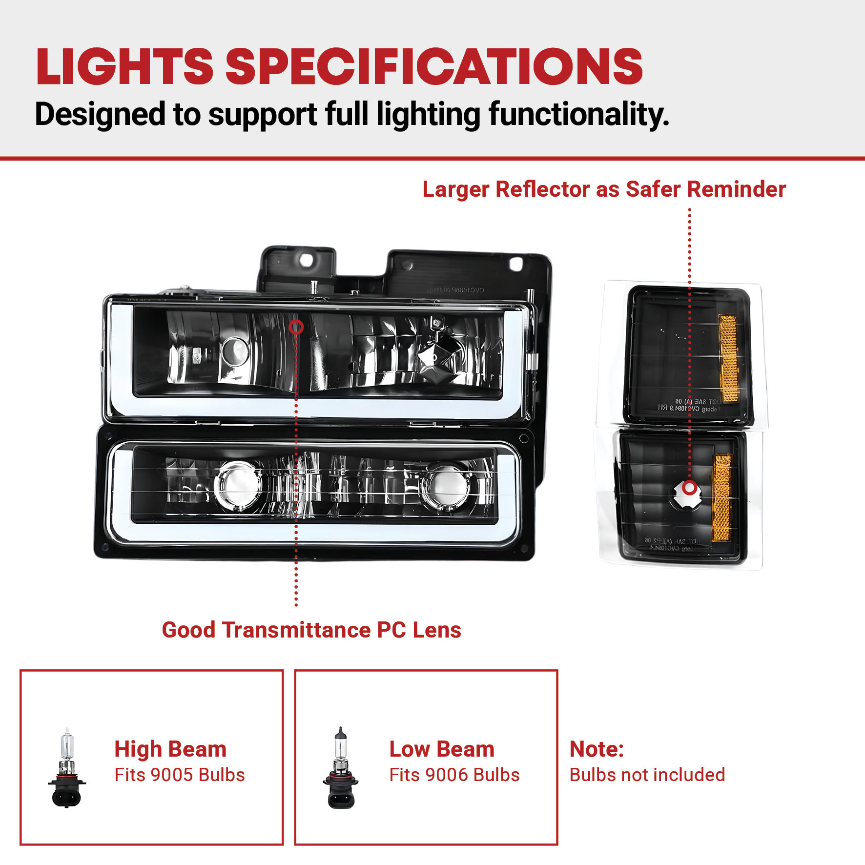 Side view of YITAMOTOR® 1994-1999 Chevy C/K 1500 2500 3500 LED DRL Headlights Assembly with Corner Light Black Housing