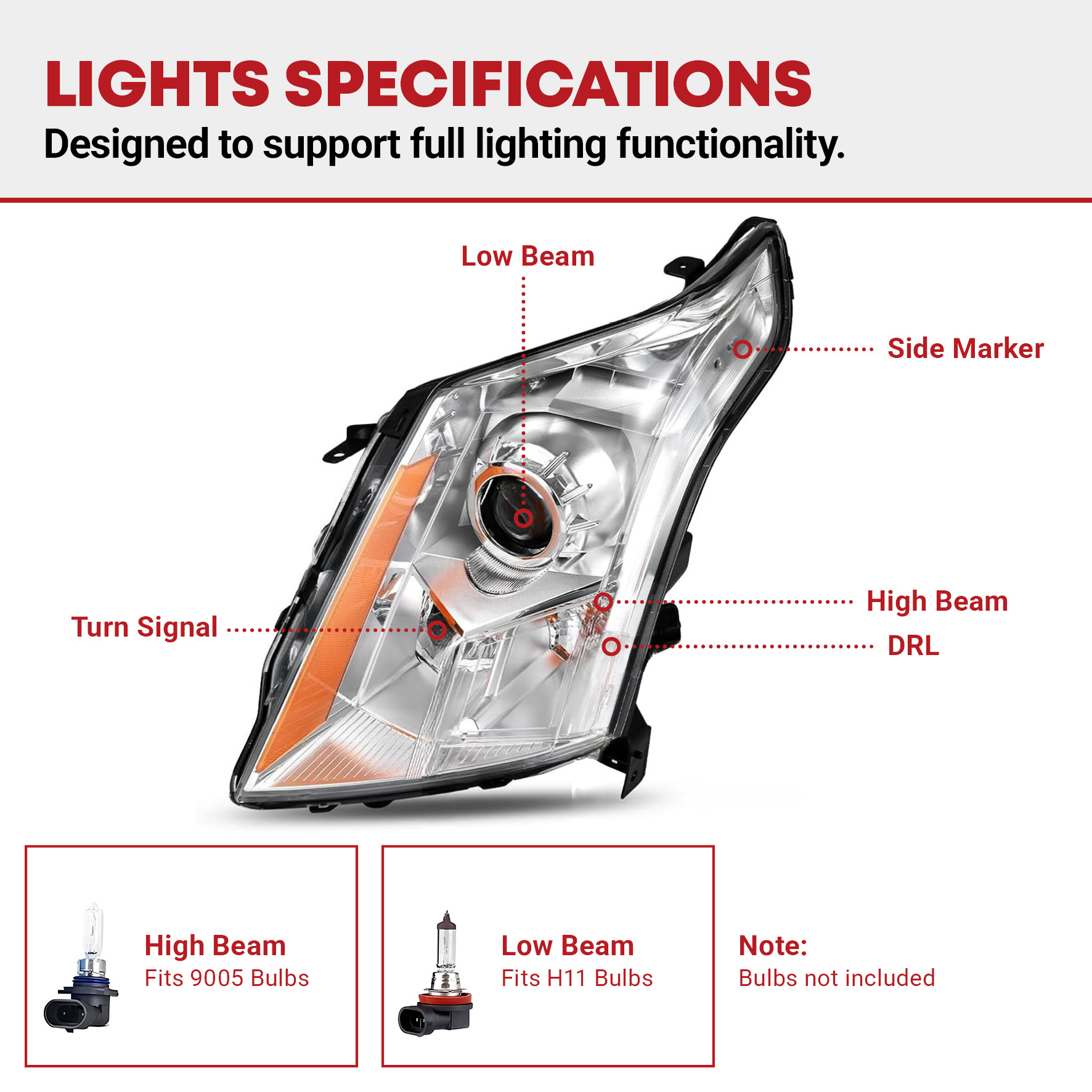 Side view of YITAMOTOR® Headlights Assembly Compatible with 2010 2011 2012 2013 2014 2015 2016 Cadillac SRX OE Projector Headlamp (Driver&Passenger Side)