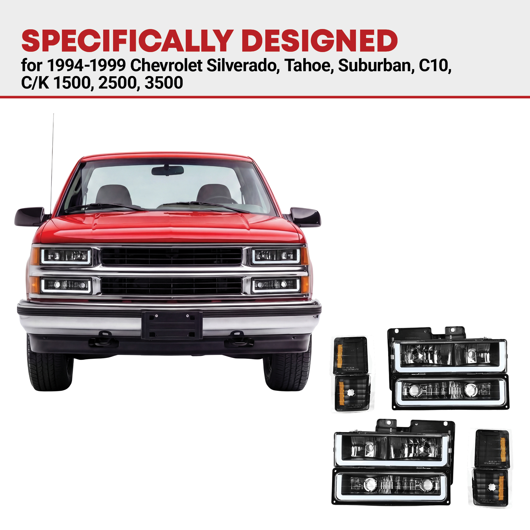 Side view of YITAMOTOR® 1994-1999 Chevy C/K 1500 2500 3500 LED DRL Headlights Assembly with Corner Light Black Housing