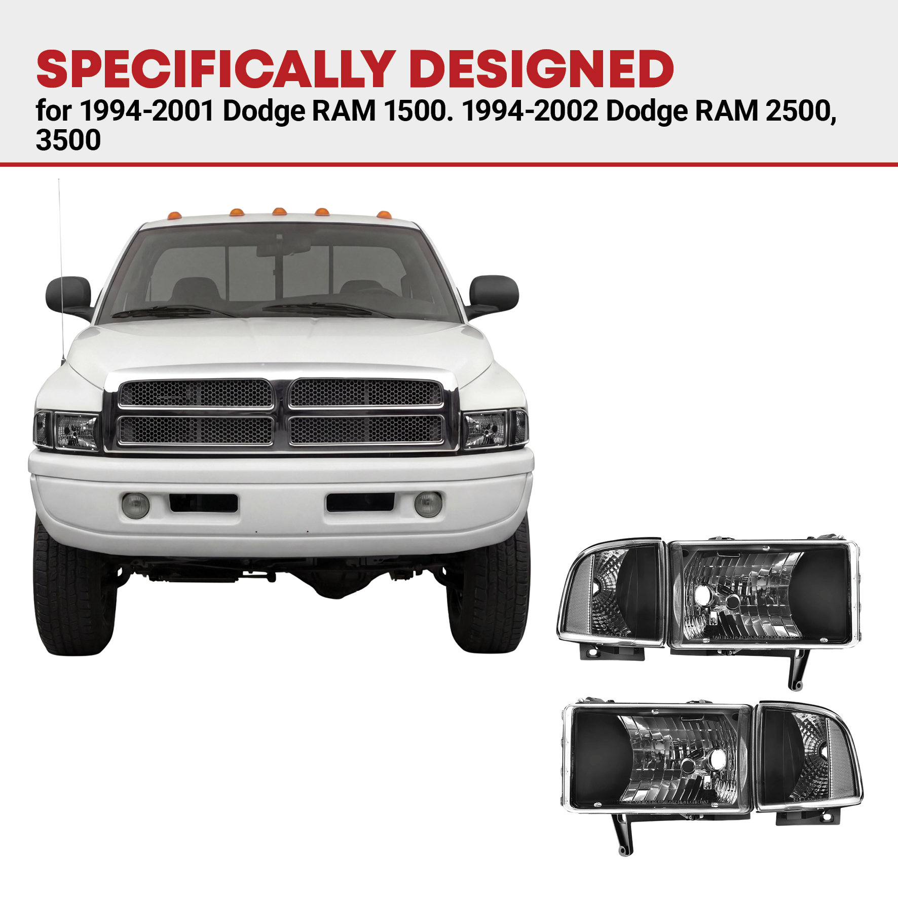 Side view of YITAMOTOR® Replacement Headlights For 1994-2002 Dodge Ram 1500 2500 3500 Black Headlamp Set