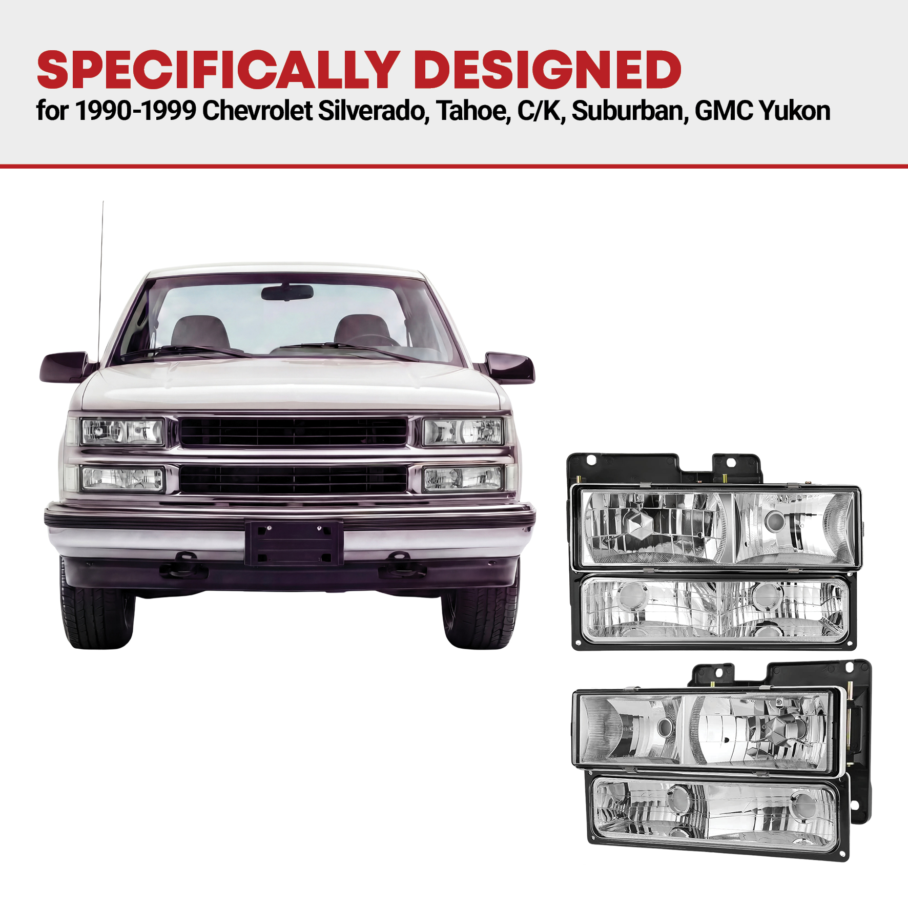 Side view of YITAMOTOR® Headlight Assembly with Bumper Lights Compatible with 1990-1999 Chevy C/K Suburban Silverado Tahoe Blazer GMC C/K Yukon Pickup Truck Headla