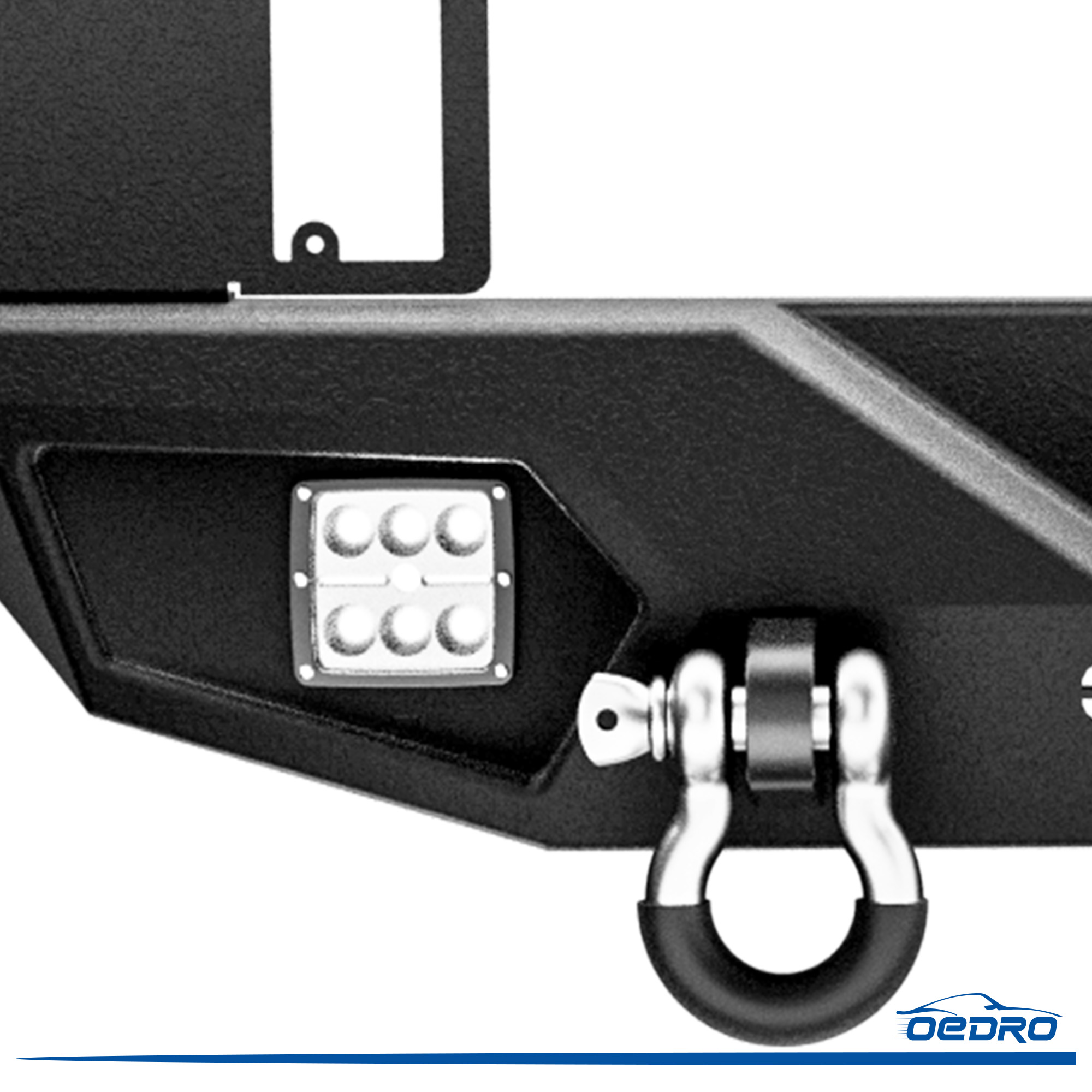 Side view of OEDRO Rear Bumper for 2018-2026 Jeep Wrangler JL, Rock Crawler Bumper with Hitch Receiver 2 x LED Lights & 2 x D-Rings (Not for JK)