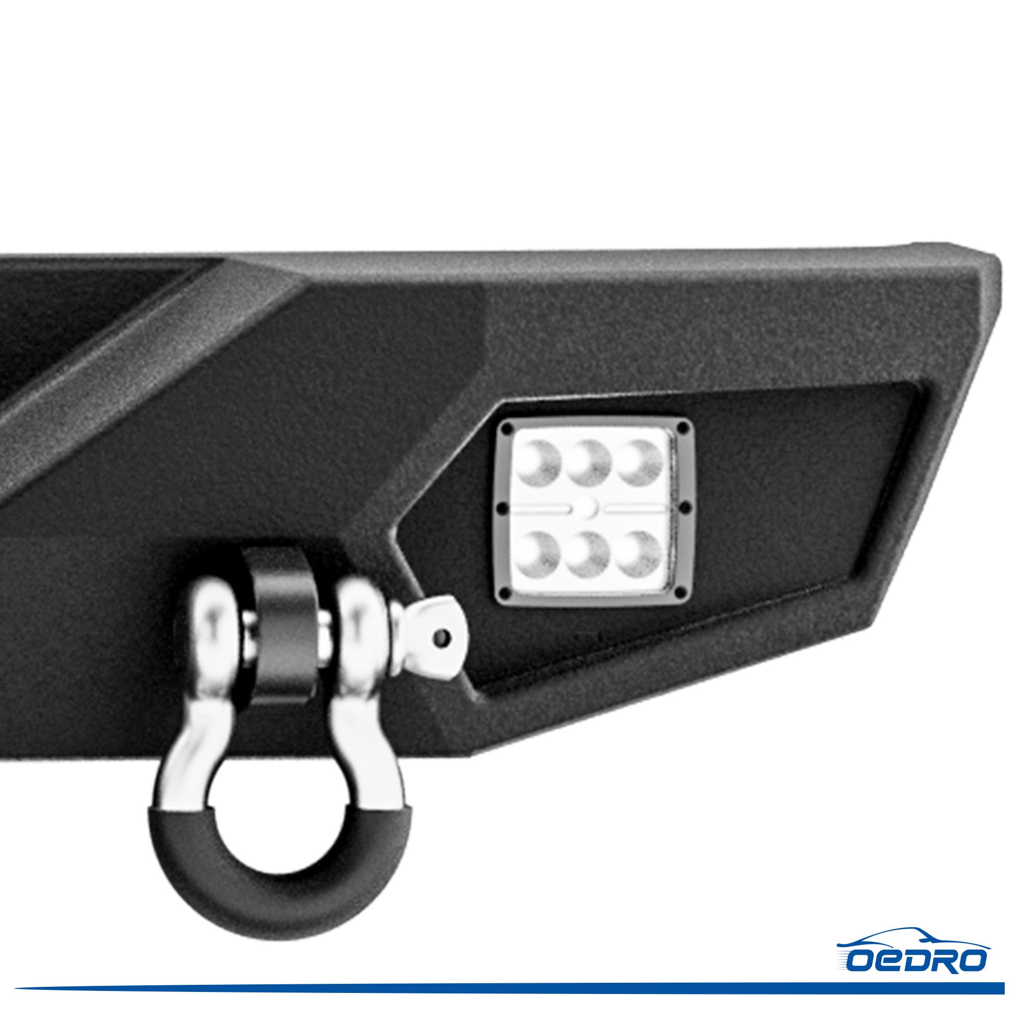 Side view of OEDRO Rear Bumper for 2018-2026 Jeep Wrangler JL, Rock Crawler Bumper with Hitch Receiver 2 x LED Lights & 2 x D-Rings (Not for JK)