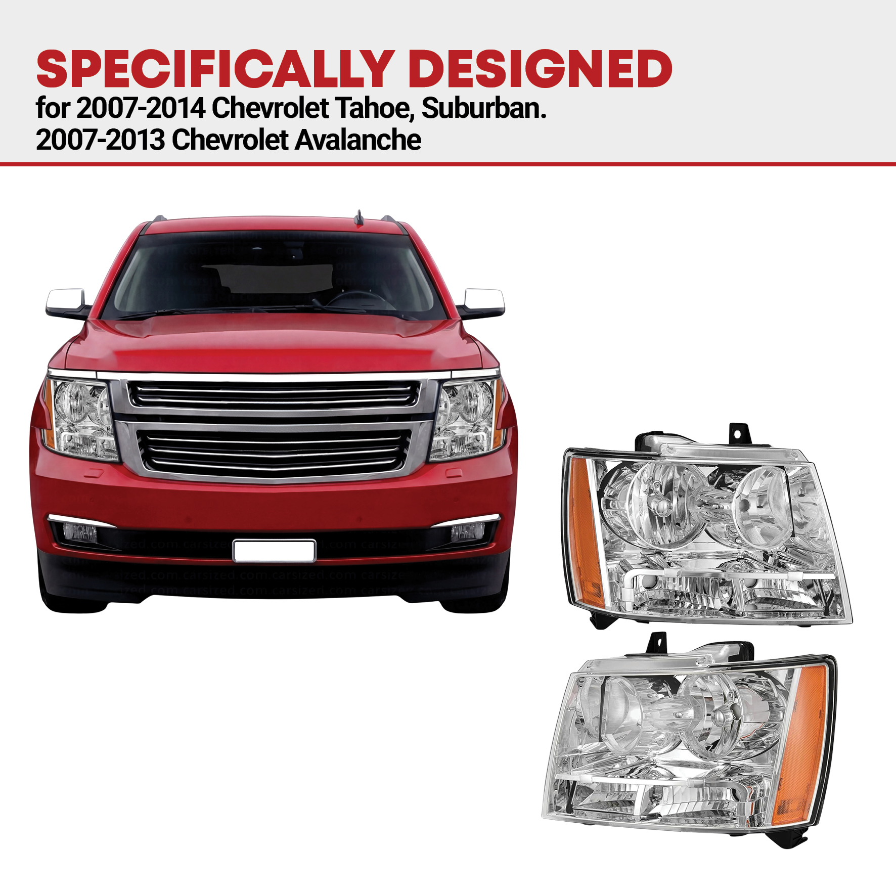 Side view of YITAMOTOR® 2007-2013 Chevy Avalanche / Suburban Tahoe Halogen Headlights Assembly Chrome Housing Amber Reflector Clear Lens
