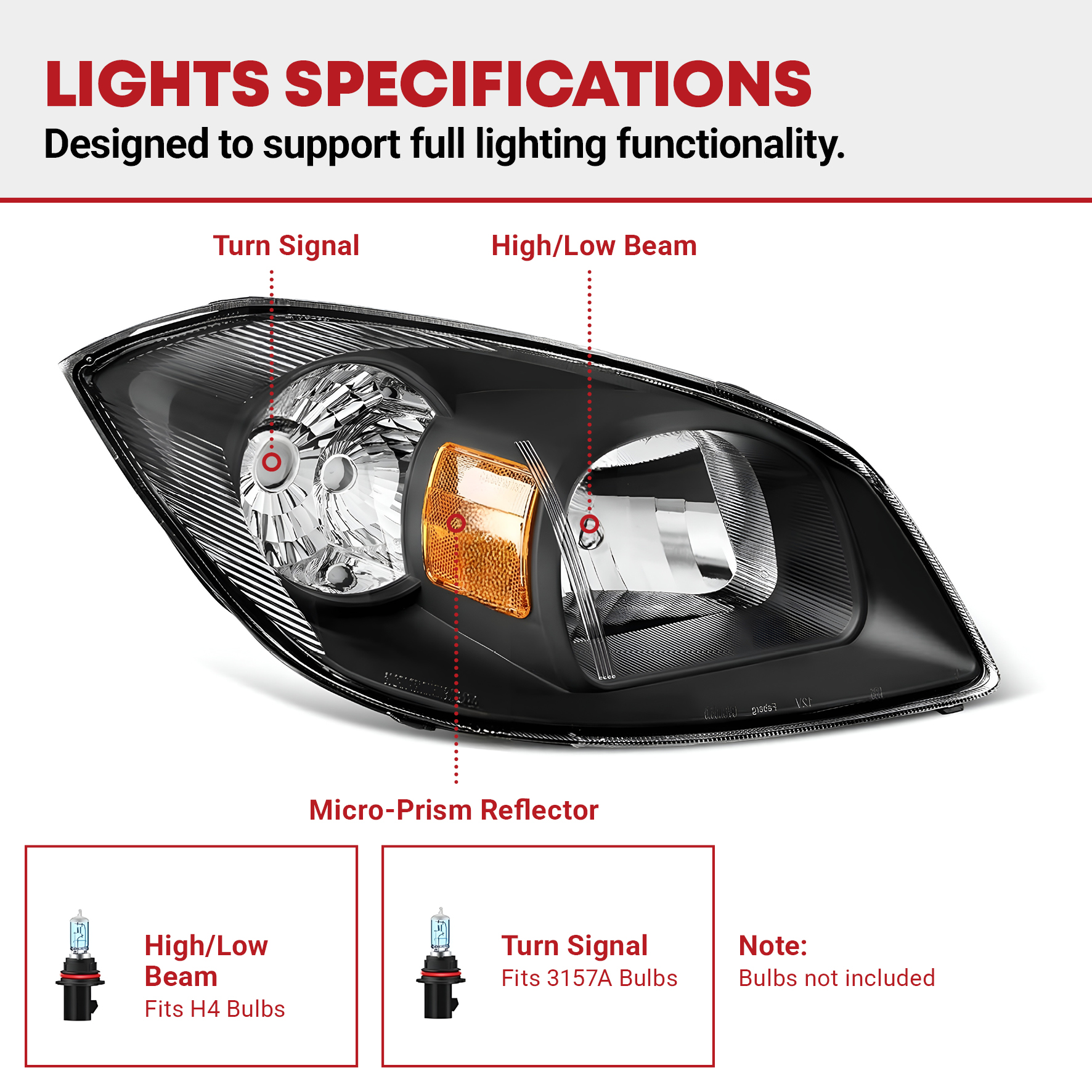 Side view of YITAMOTOR® 2005-2010 Chevy Cobalt / 2005-2006 Pontiac Pursuit Headlights Assembly Black Housing Amber Reflector Clear Lens