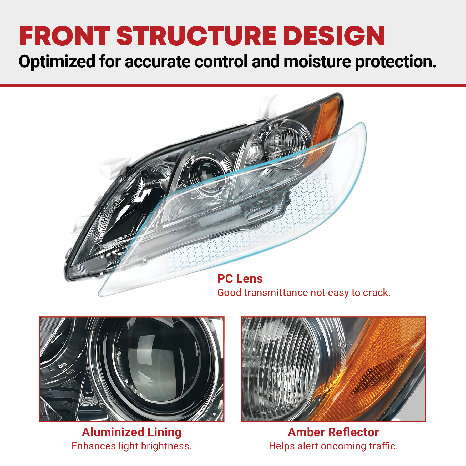 Side view of YITAMOTOR® 2007-2009 Toyota Camry Headlight Assembly Not Fit Hybrid Model Projector Chrome Housing Smoke Lens