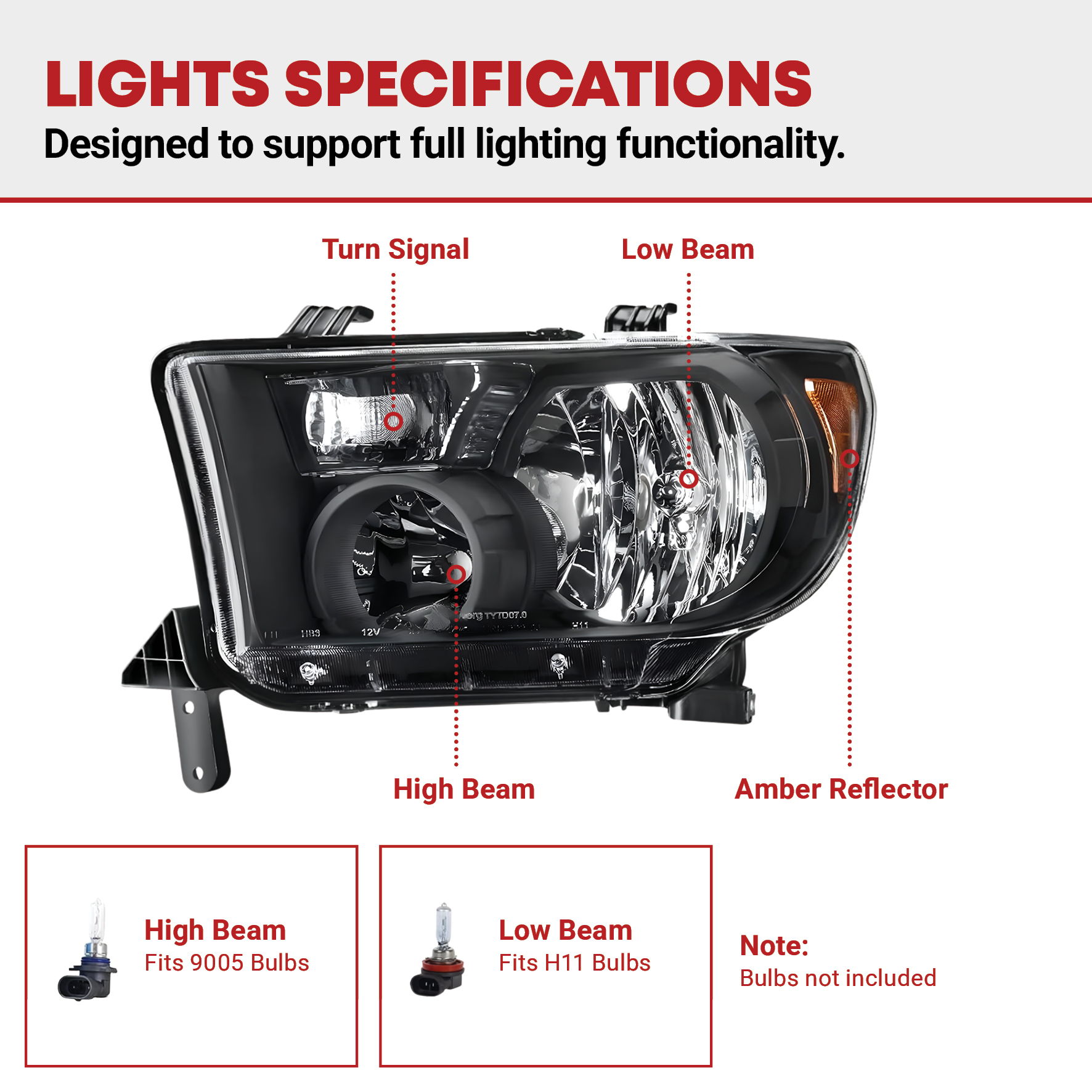 Side view of YITAMOTOR® 2007-2013 Toyota Tundra / 2008-2017 Toyota Sequoia Headlight Assembly Black Housing Clear Lens