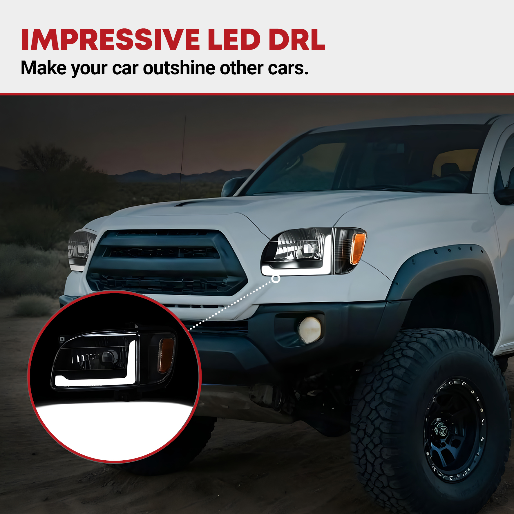 Side view of YITAMOTOR® LED DRL 2001-2004 Toyota Tacoma Headlight Assembly Pickup Black Housing + Bumper Lights