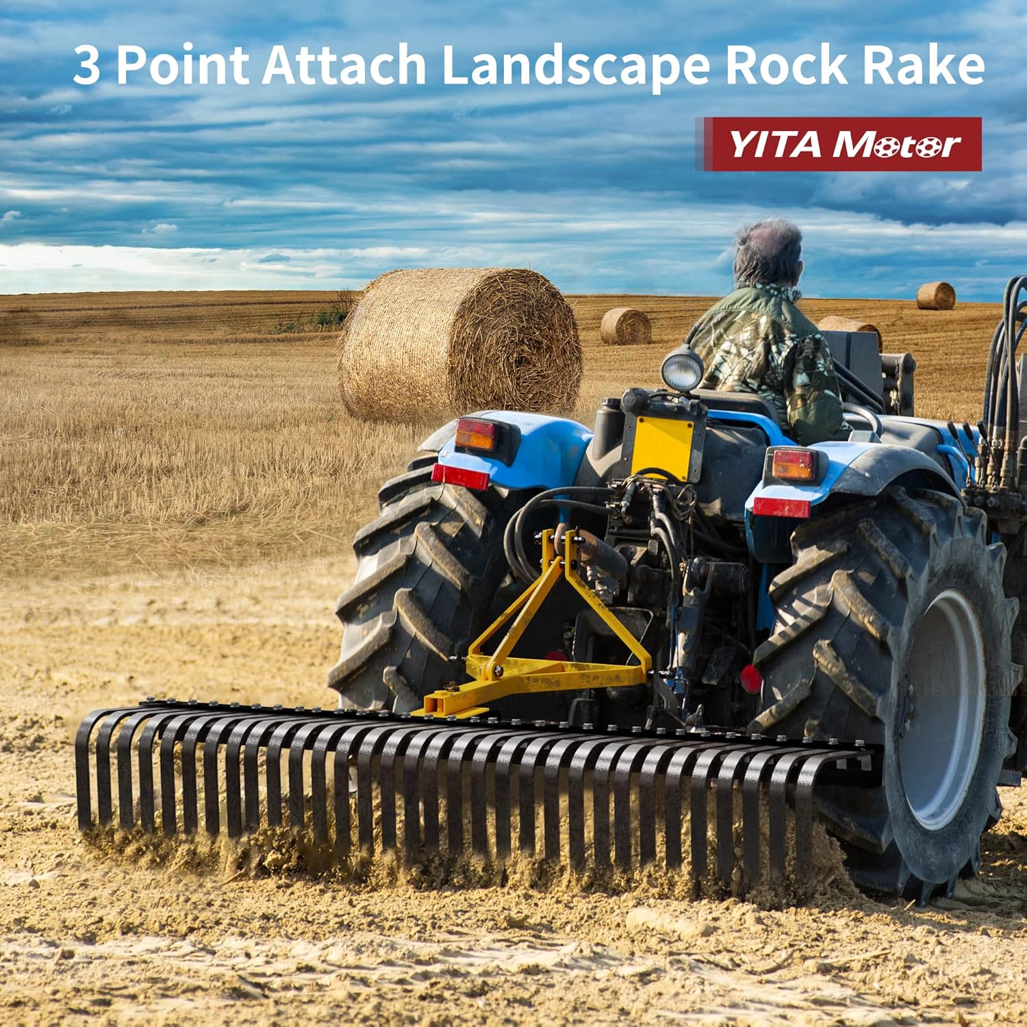 Side view of YITAMOTOR 5 FT 3 Point Landscape Rock Rake for Category 1 Tractors | 360° Rotation, 32 Replaceable Teeth
