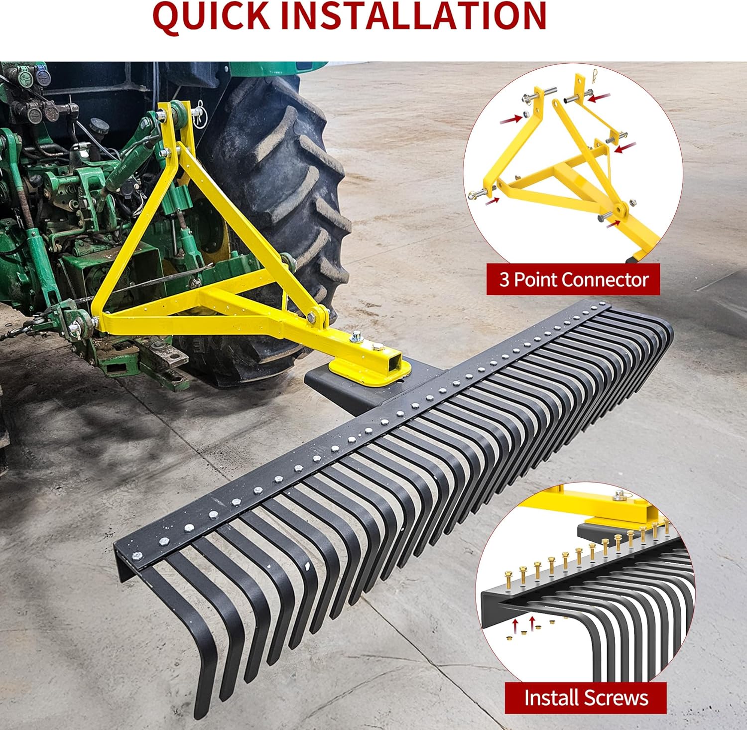 Side view of YITAMOTOR 5 FT 3 Point Landscape Rock Rake for Category 1 Tractors | 360° Rotation, 32 Replaceable Teeth