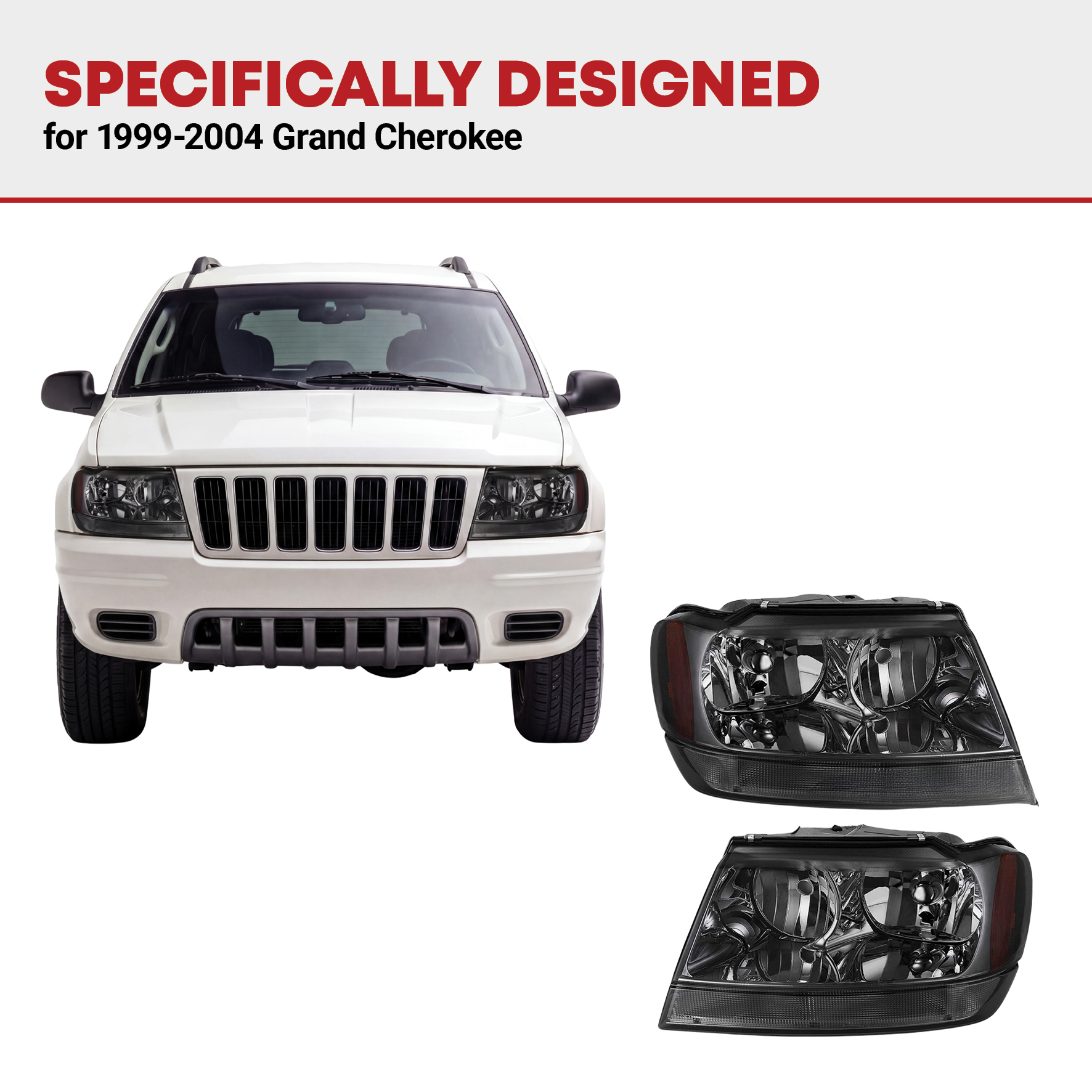 Side view of YITAMOTOR® Headlights Assembly Compatible with 1999 2000 2001 2002 2003 2004 Grand Cherokee Replacement OE Headlamp Amber Reflector Smoke Lens Driver