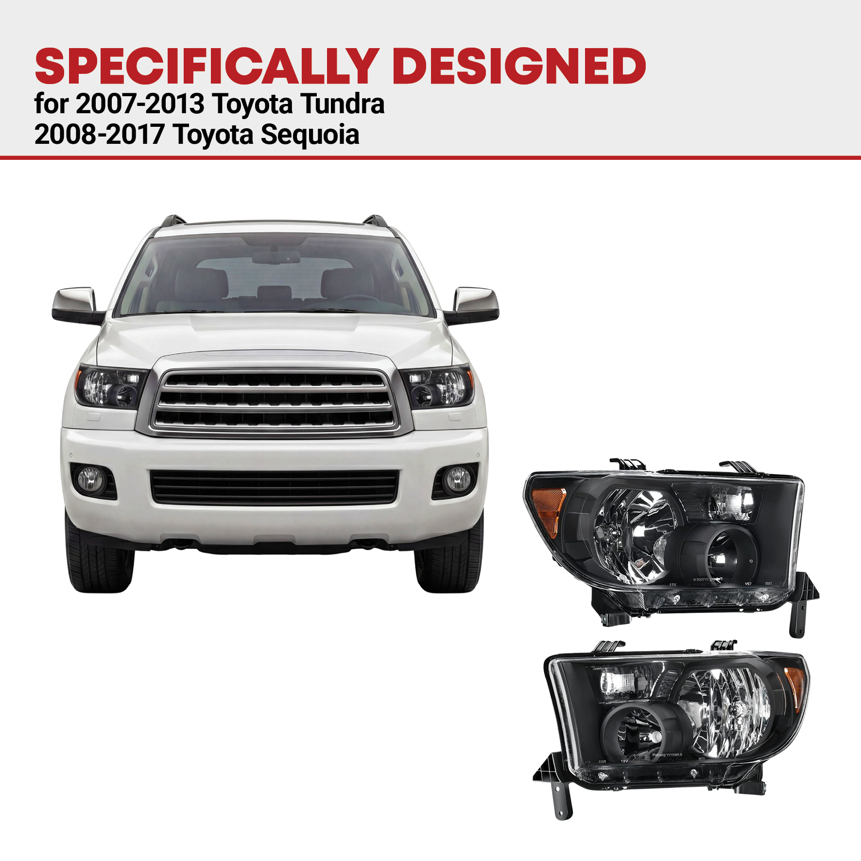 Side view of YITAMOTOR® 2007-2013 Toyota Tundra / 2008-2017 Toyota Sequoia Headlight Assembly Black Housing Clear Lens