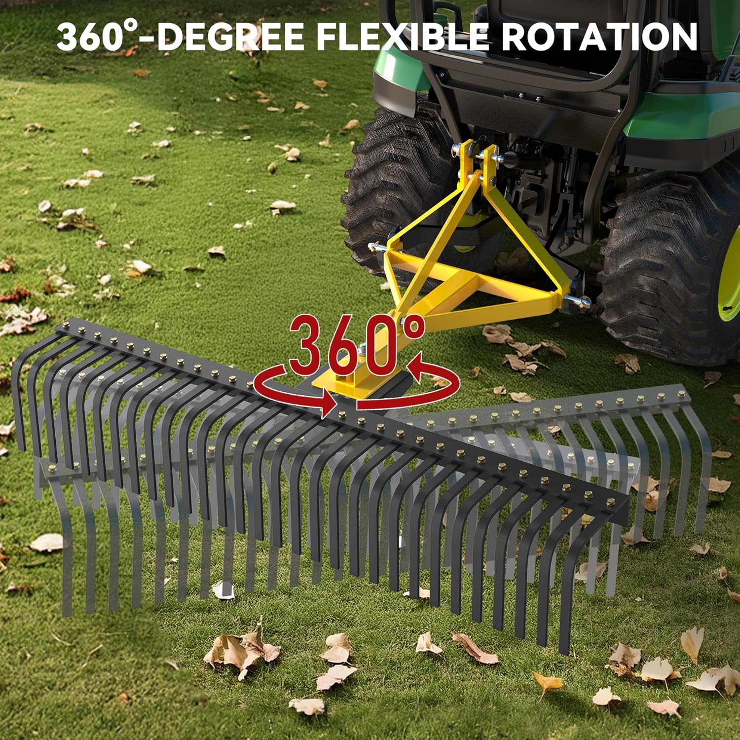 Side view of YITAMOTOR 5 FT 3 Point Landscape Rock Rake for Category 1 Tractors | 360° Rotation, 32 Replaceable Teeth