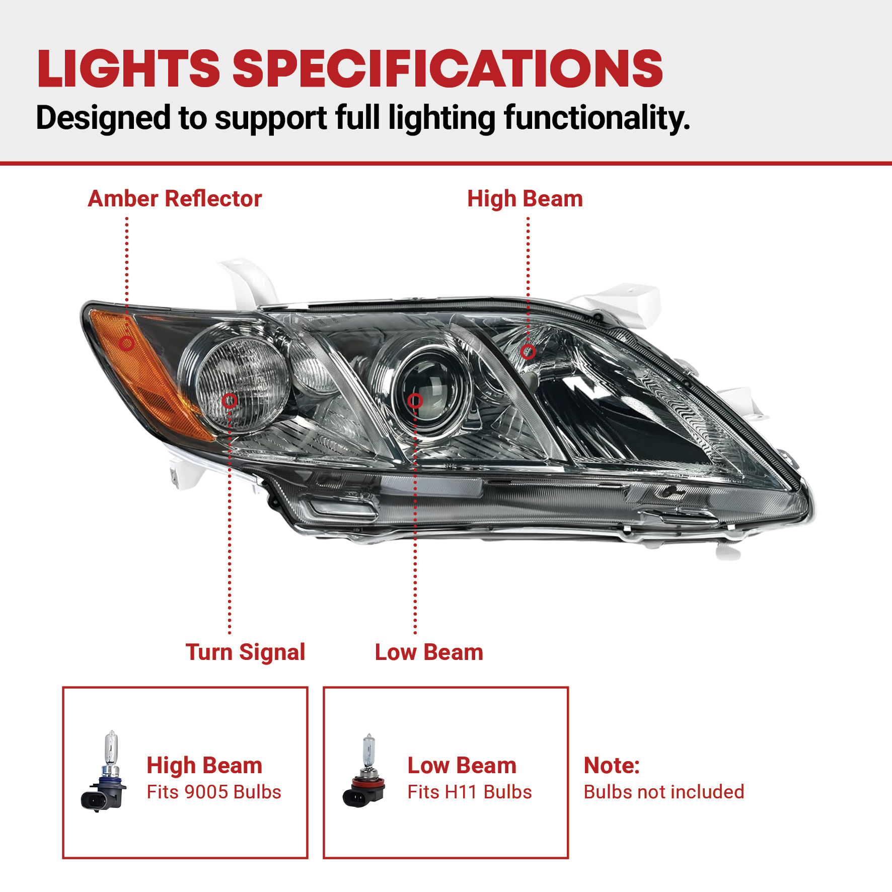 Side view of YITAMOTOR® 2007-2009 Toyota Camry Headlight Assembly Not Fit Hybrid Model Projector Chrome Housing Smoke Lens