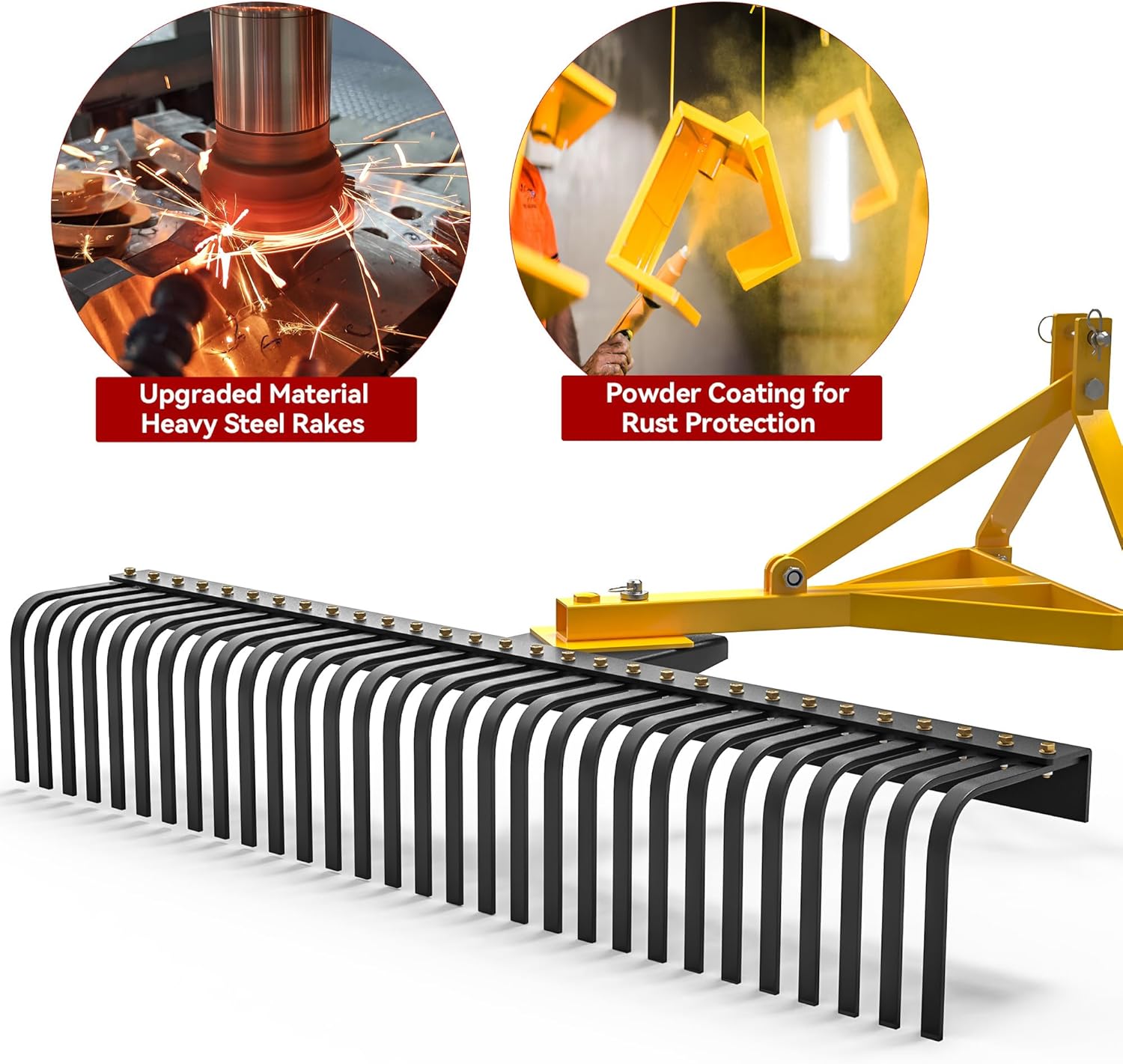 Side view of YITAMOTOR 5 FT 3 Point Landscape Rock Rake for Category 1 Tractors | 360° Rotation, 32 Replaceable Teeth