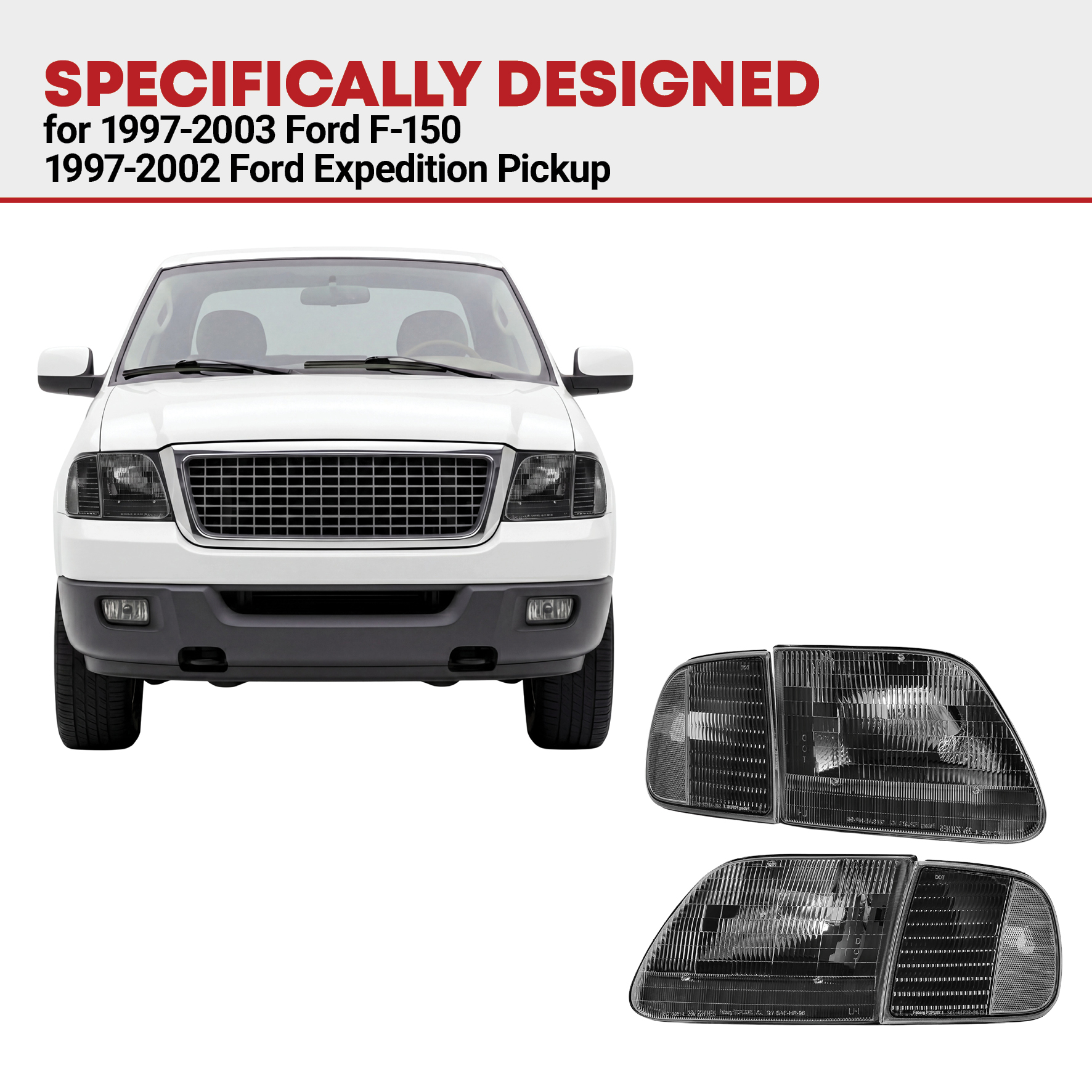 Side view of YITAMOTOR® 1997-2004 Ford F-150, 1997-2002 Ford Expedition Headlight Assembly Black Housing Clear Reflector Clear Lens