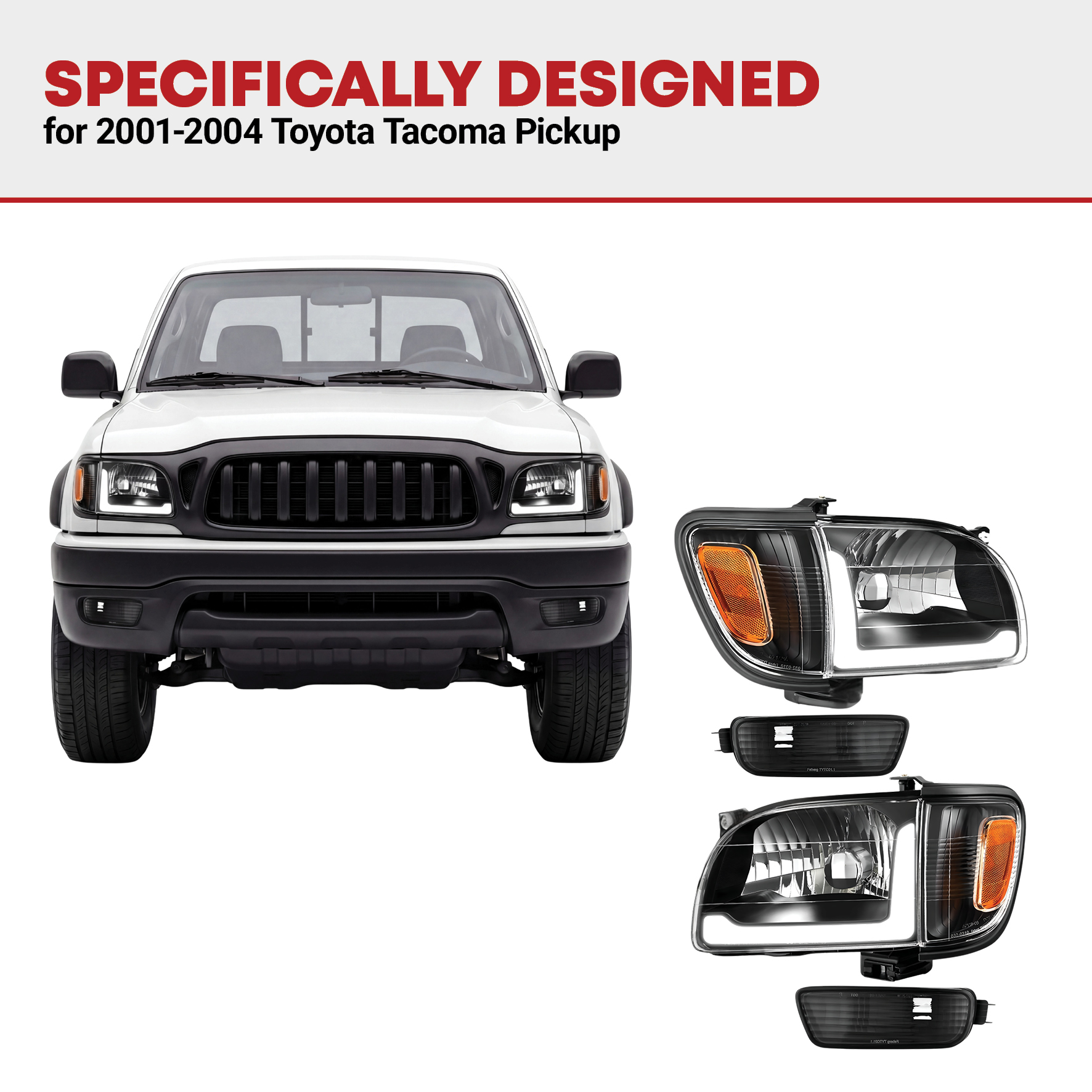 Side view of YITAMOTOR® LED DRL 2001-2004 Toyota Tacoma Headlight Assembly Pickup Black Housing + Bumper Lights