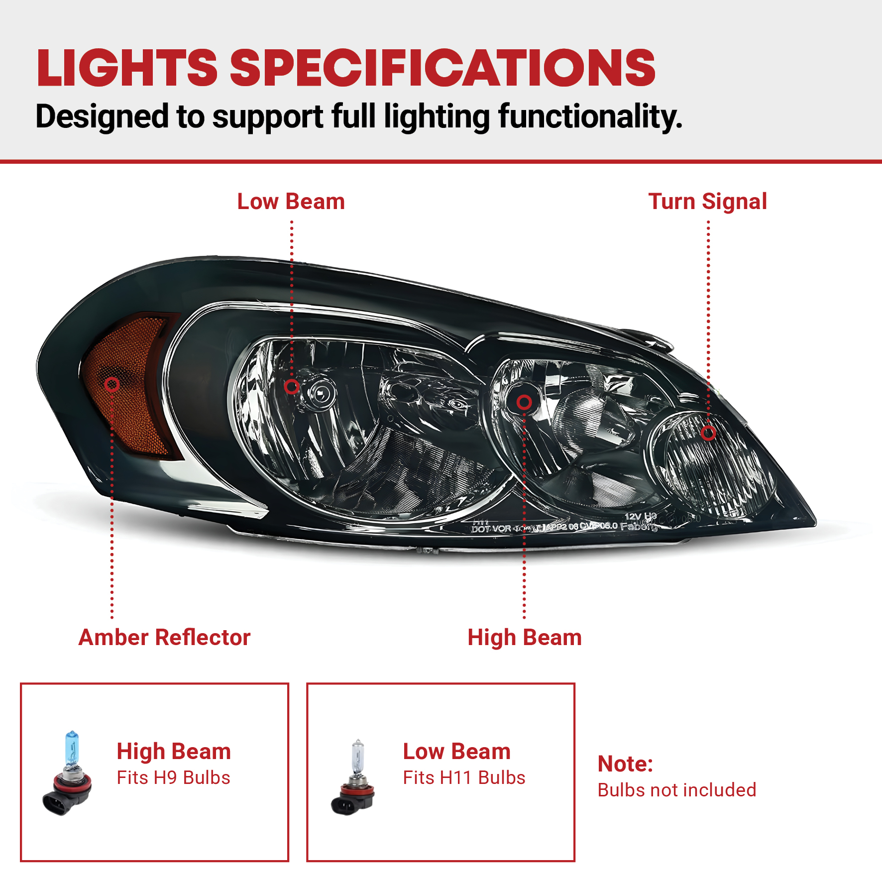 Side view of YITAMOTOR® 2006-2013 Chevy Impala / 2006 2007 Monte Carlo Headlights Assembly Smoke Lens Amber Reflector