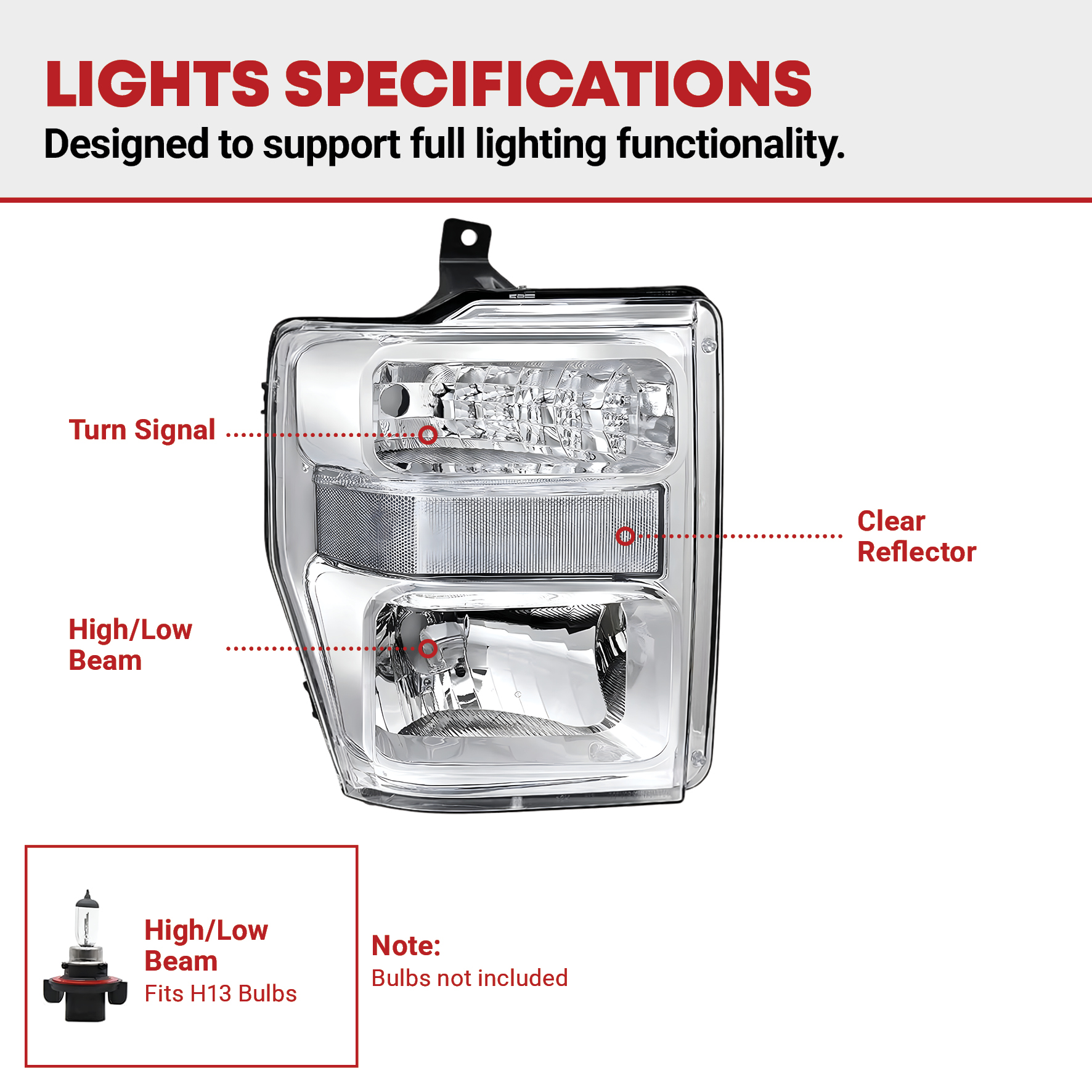 Side view of YITAMOTOR® 2008-2010 Ford F250 F350 F450 Super Duty Headlight Assembly Chrome Housing Clear Lens