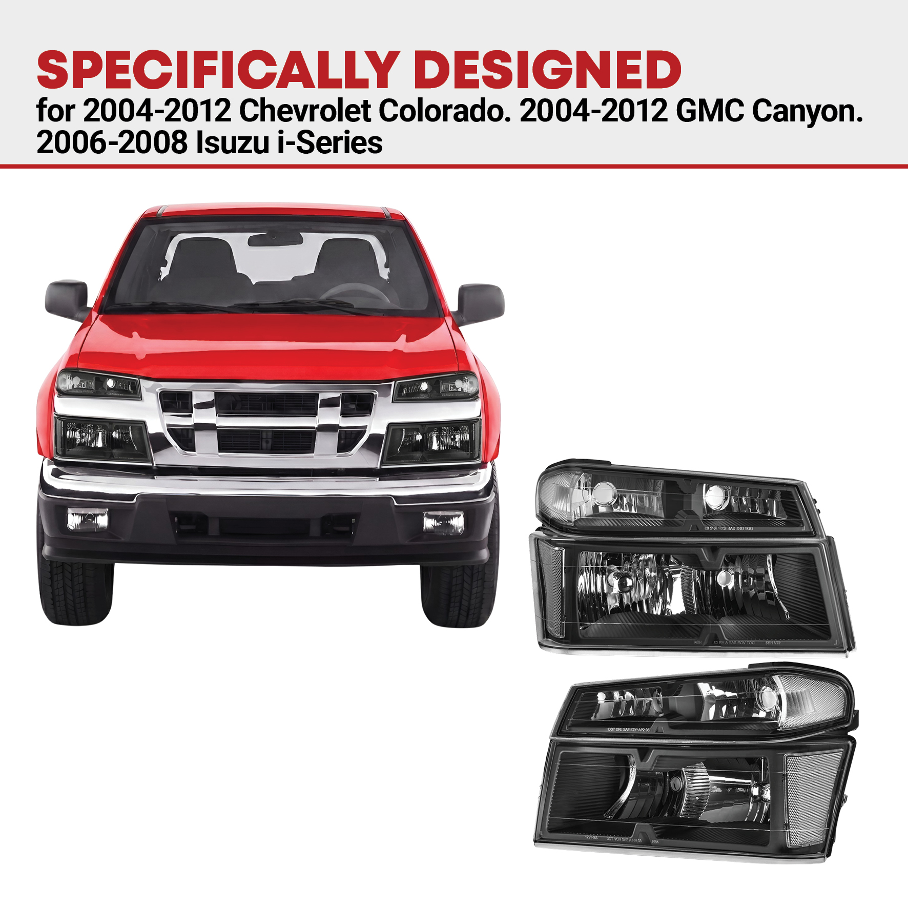 Side view of YITAMOTOR® 2004-2012 Chevy Colorado/ 04-12 GMC Canyon / 2006-2008 Isuzu i-Series Headlight Assembly Black Housing