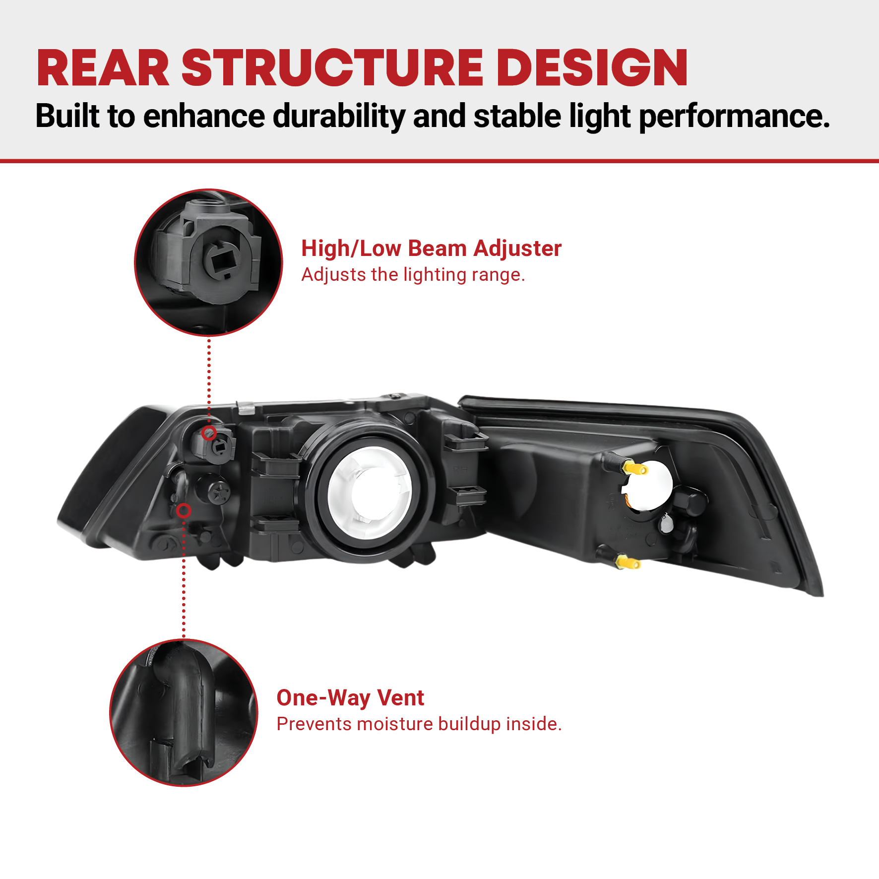 Side view of YITAMOTOR® Headlight Assembly Compatible with 1999-2004 Ford Mustang Headlamp Headlights(Black Housing Clear Reflector)