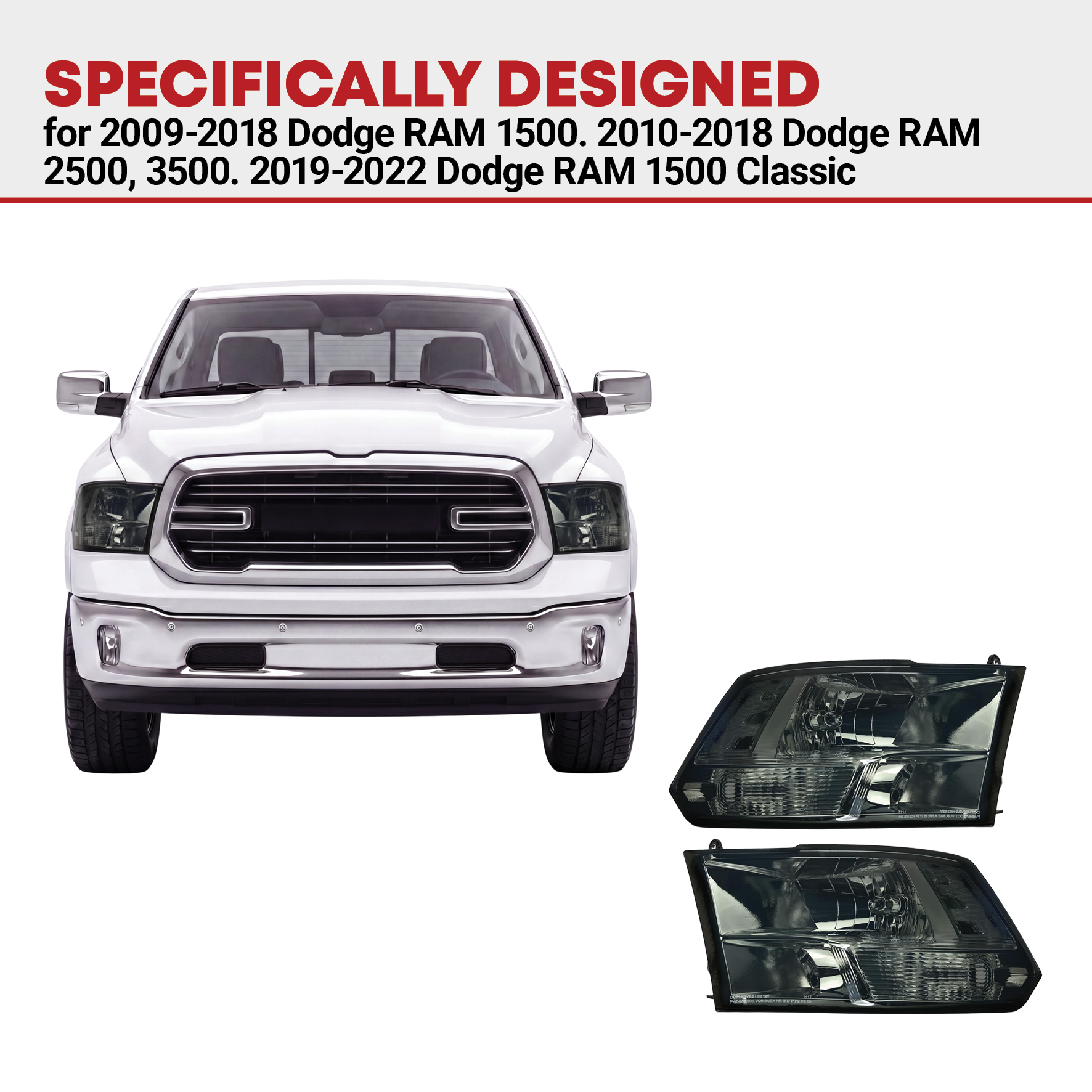 Side view of YITAMOTOR® Headlights Assembly Smoke Lens For 2010-2018 Dodge Ram 1500 2500 3500 Quad Lamps
