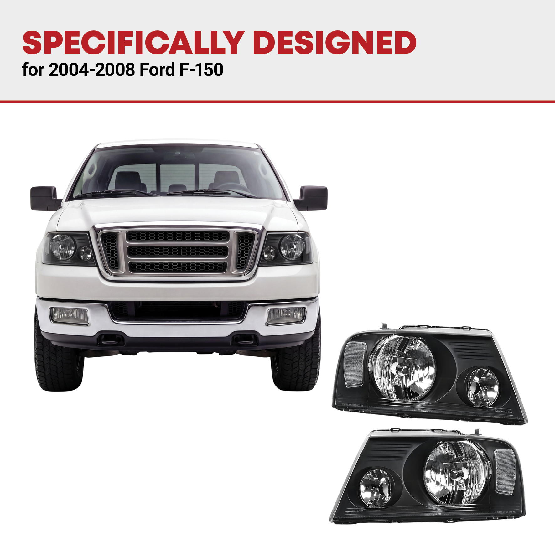 Side view of YITAMOTOR® Pair Headlight Assembly for 2004-2008 Ford F150/2006-2008 Lincoln Mark LT Headlight Black Housing Clear Lens