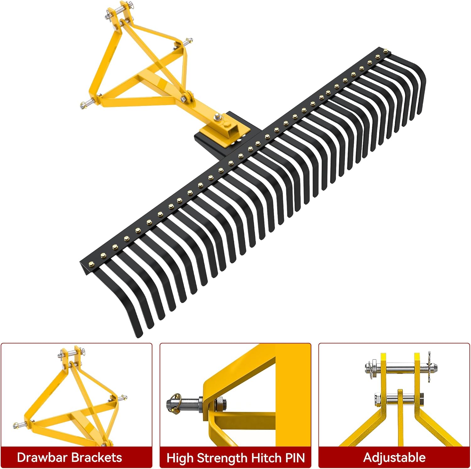 Side view of YITAMOTOR 5 FT 3 Point Landscape Rock Rake for Category 1 Tractors | 360° Rotation, 32 Replaceable Teeth