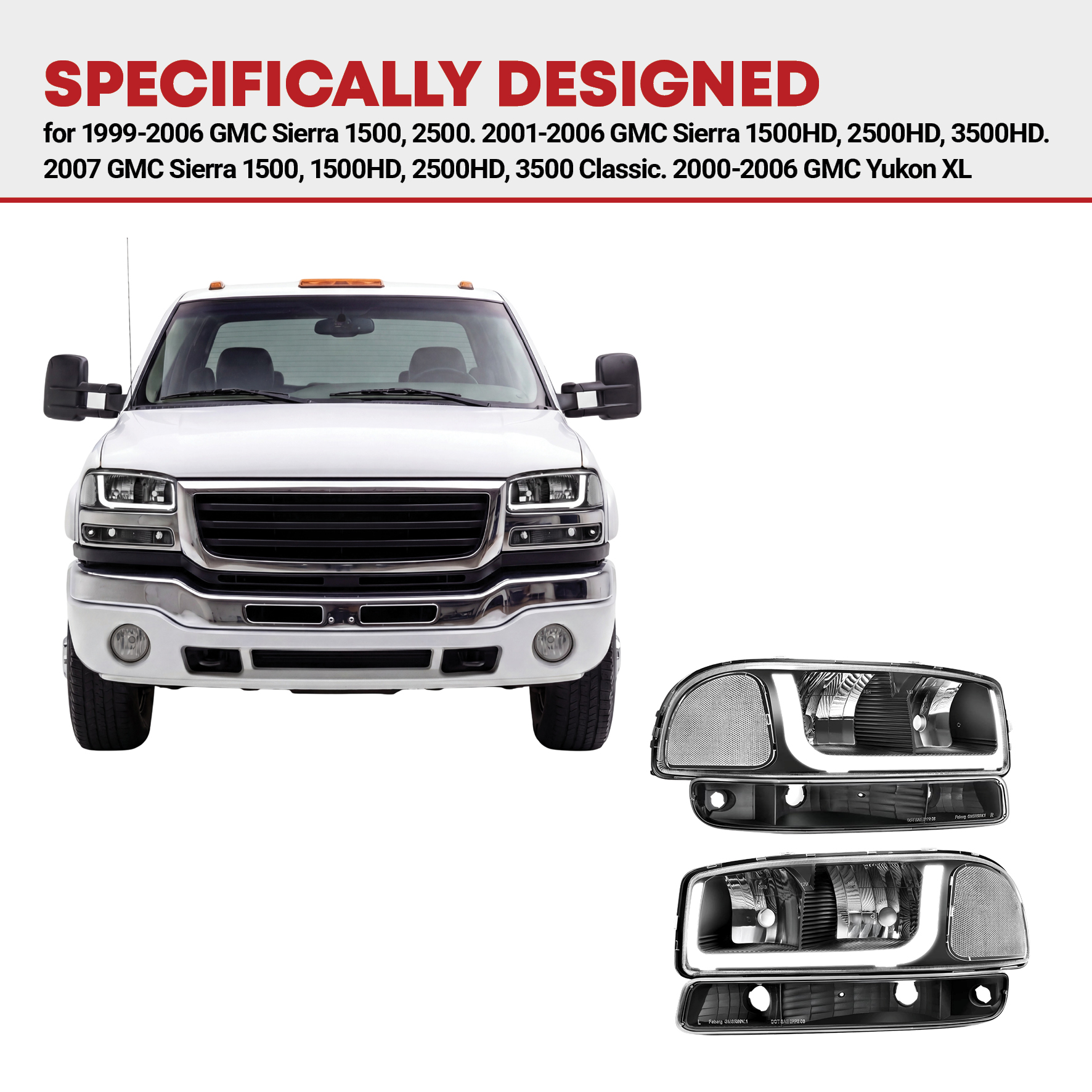 Side view of YITAMOTOR® LED DRL 1999 -2006 GMC Sierra 1500 2500, 2001-2006 Yukon XL Headlights Assembly