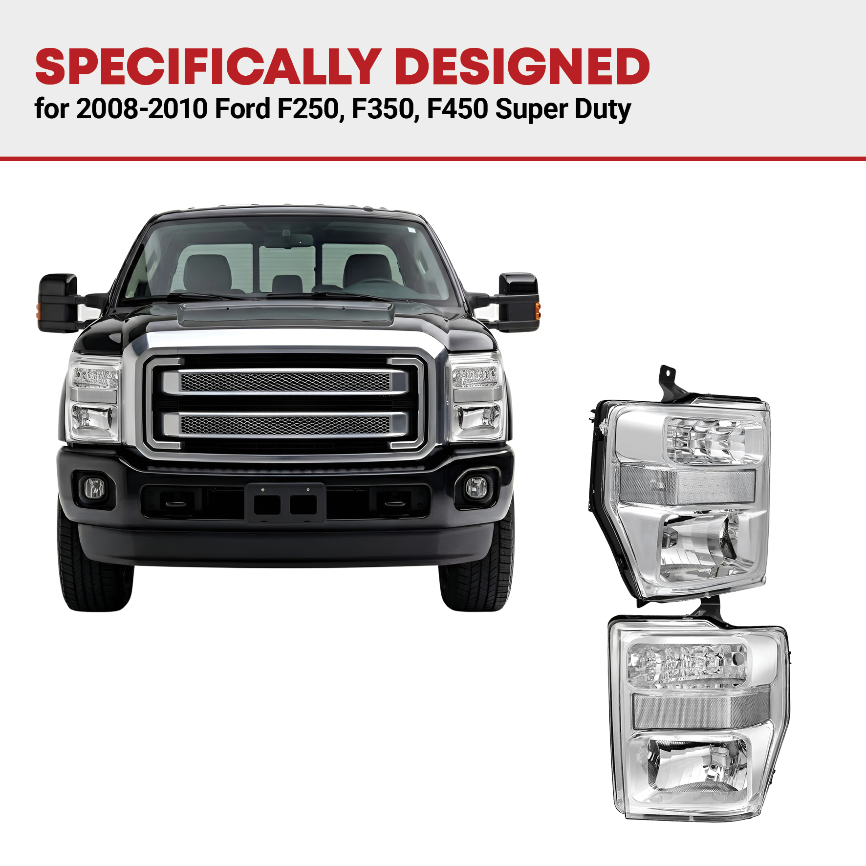 Side view of YITAMOTOR® 2008-2010 Ford F250 F350 F450 Super Duty Headlight Assembly Chrome Housing Clear Lens
