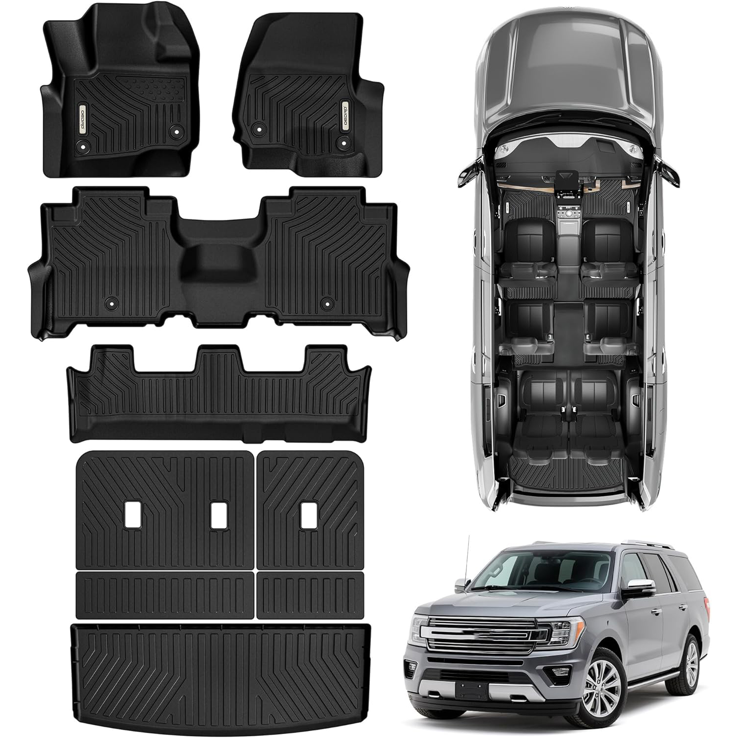 OEDRO Floor Mats Fits for Ford Expedition Bench 2018-2024 8-Seater, Custom Fit TPE All Weather Trunk Mat w/ Backrest  Full Mat Set-image-OEIPFM-1309
