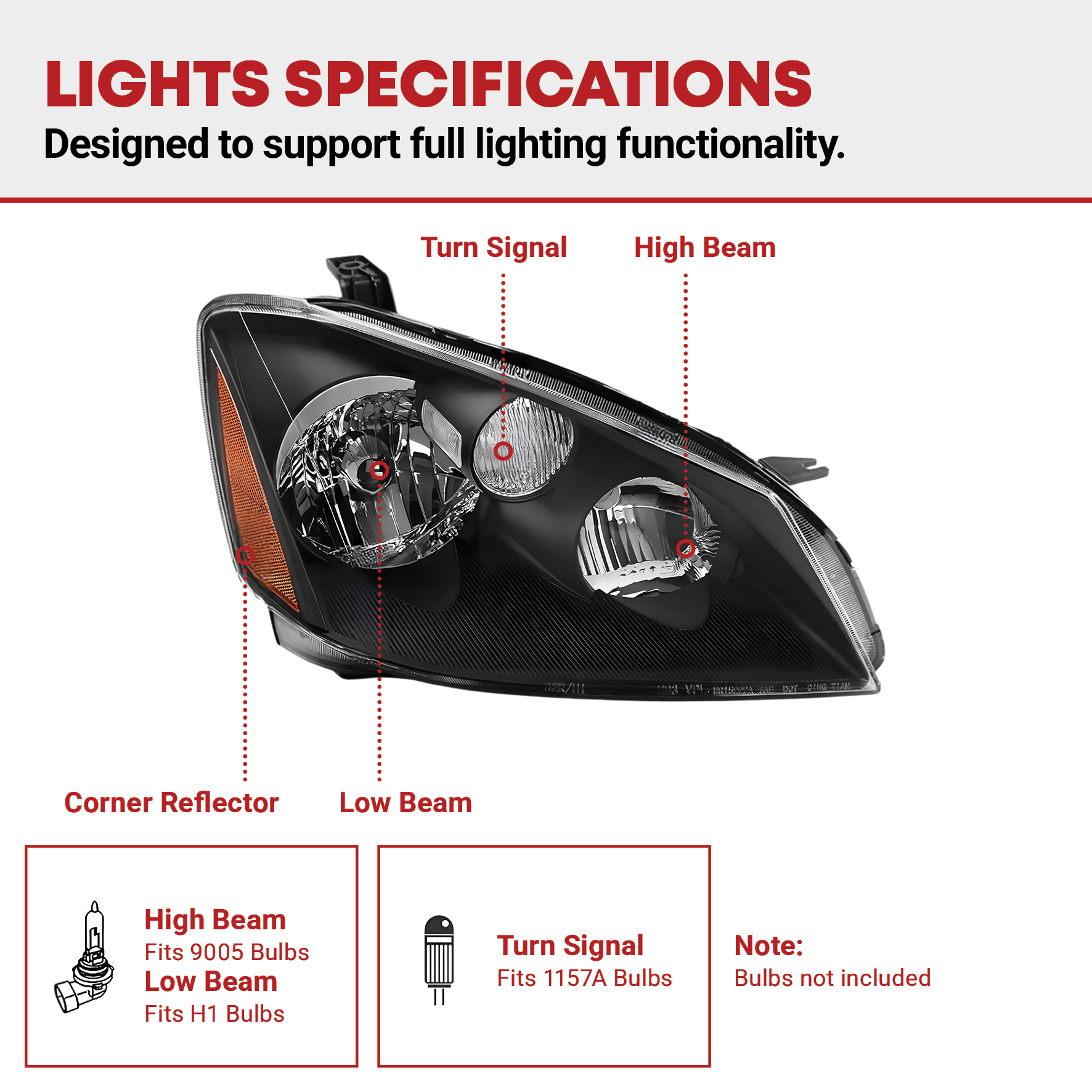 Side view of YITAMOTOR® 2005-2006 Nissan Altima Headlight Assembly Black Housing Amber Reflector
