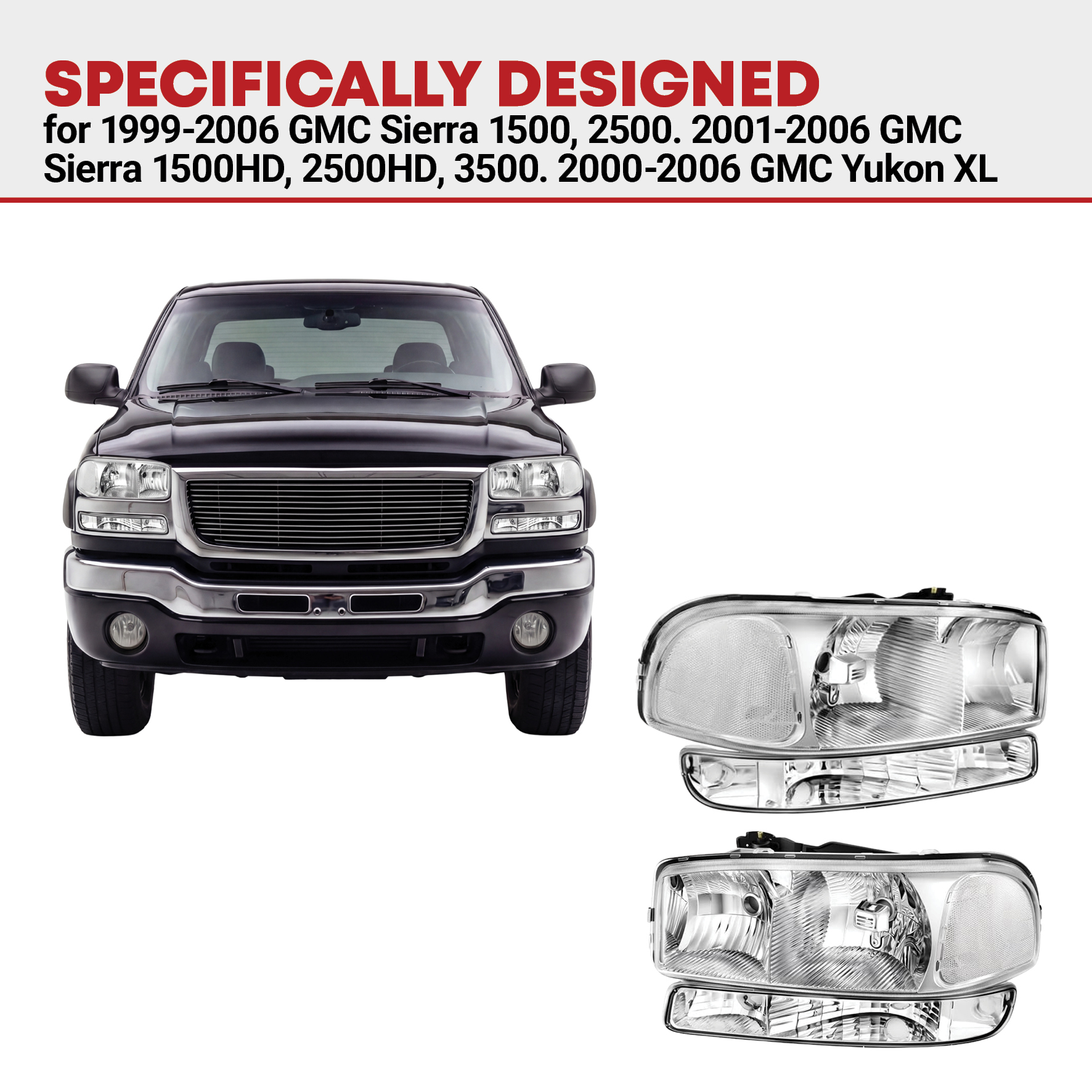 Side view of YITAMOTOR® 1999-2006 GMC Sierra Yukon Headlight Assembly Chrome Clear
