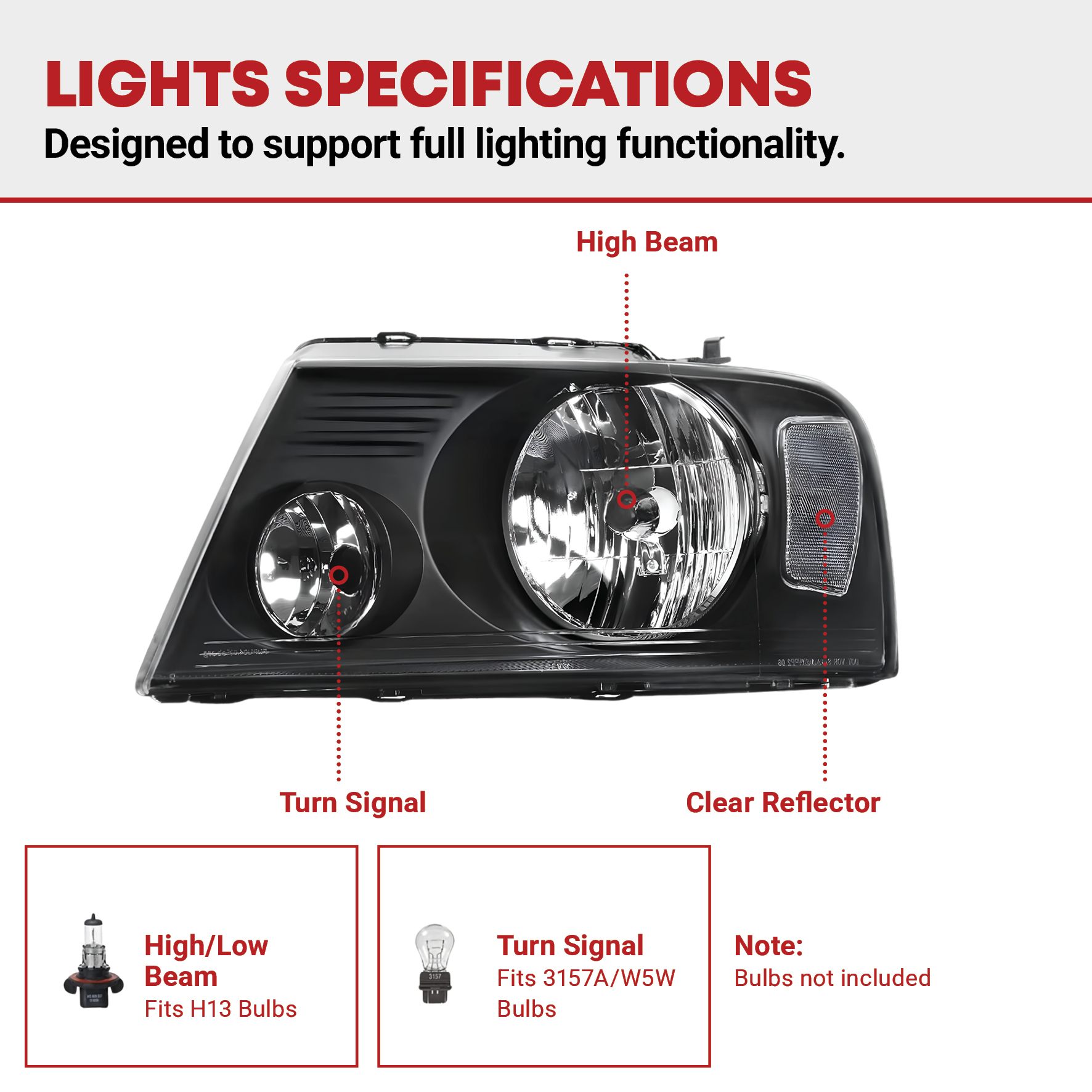 Side view of YITAMOTOR® Pair Headlight Assembly for 2004-2008 Ford F150/2006-2008 Lincoln Mark LT Headlight Black Housing Clear Lens