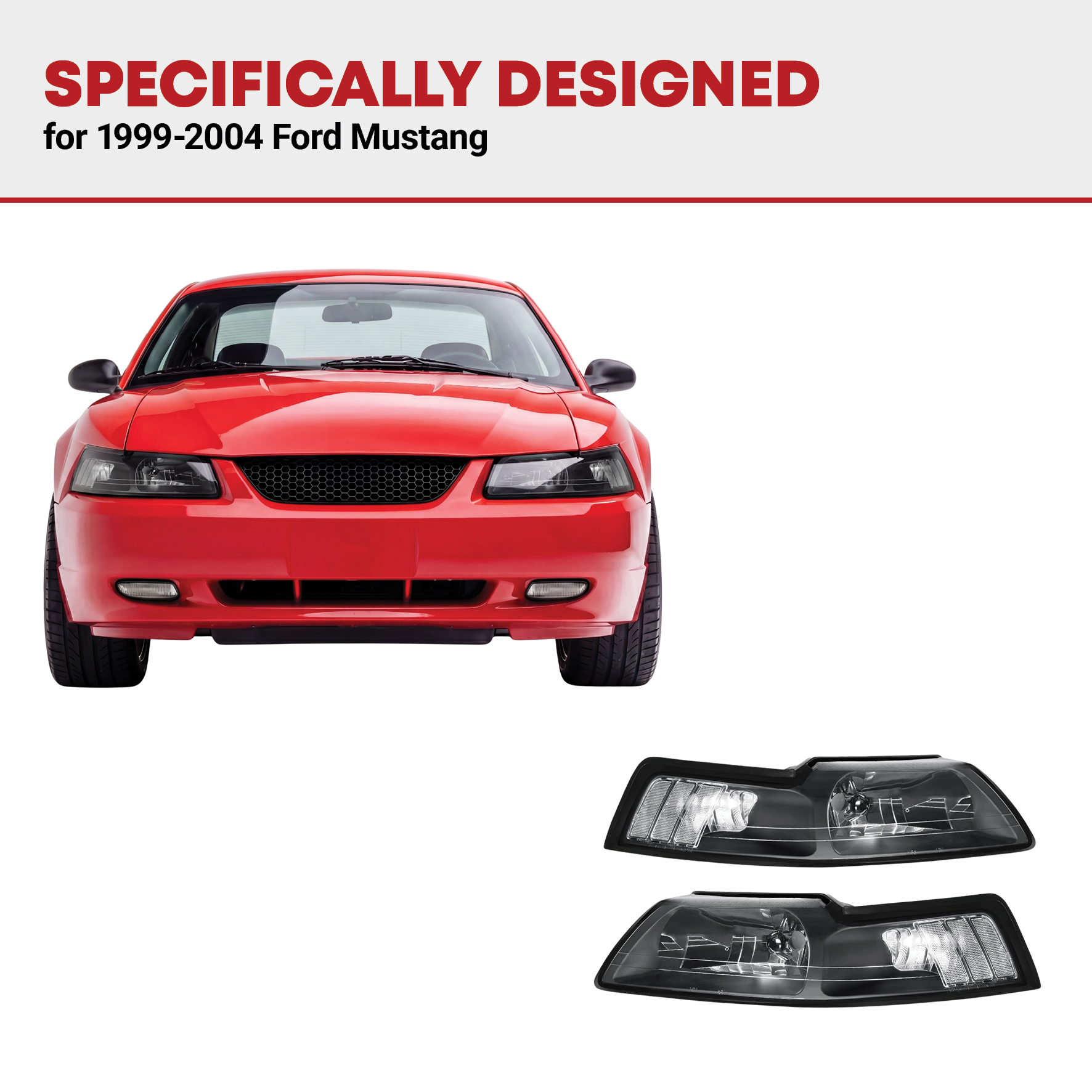 Side view of YITAMOTOR® Headlight Assembly Compatible with 1999-2004 Ford Mustang Headlamp Headlights(Black Housing Clear Reflector)