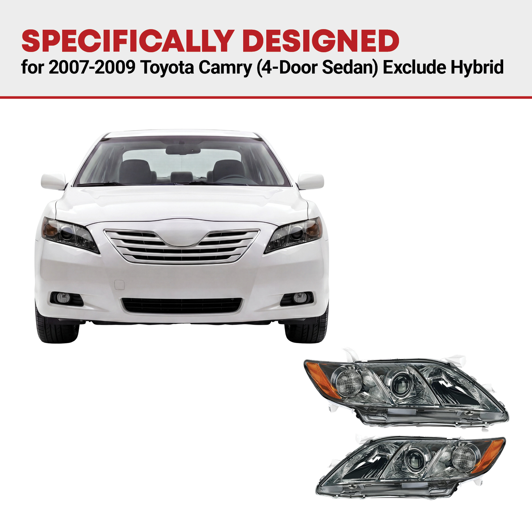 Side view of YITAMOTOR® 2007-2009 Toyota Camry Headlight Assembly Not Fit Hybrid Model Projector Chrome Housing Smoke Lens