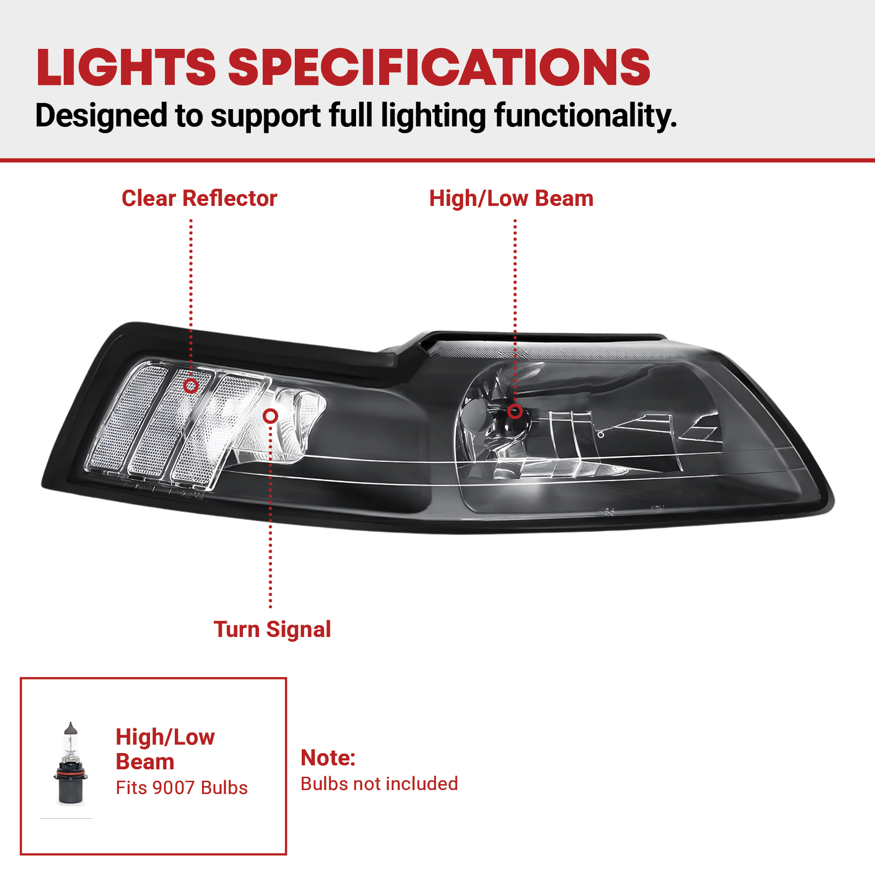 Side view of YITAMOTOR® Headlight Assembly Compatible with 1999-2004 Ford Mustang Headlamp Headlights(Black Housing Clear Reflector)
