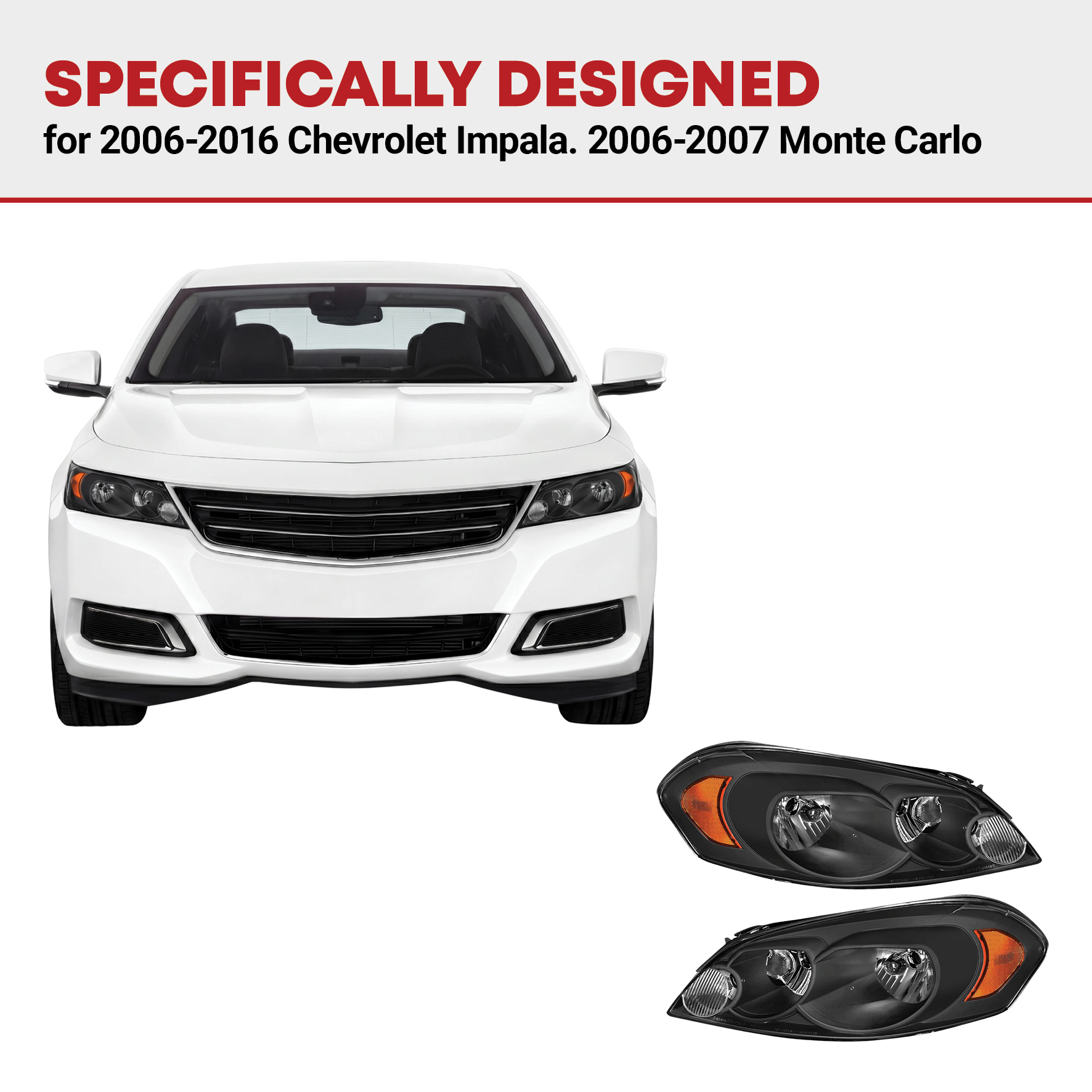 Side view of YITAMOTOR® 2006-2013 Chevy Impala 2006 2007 Chevy Monte Carlo Headlamp Black Housing Amber Reflector Headlight Assembly